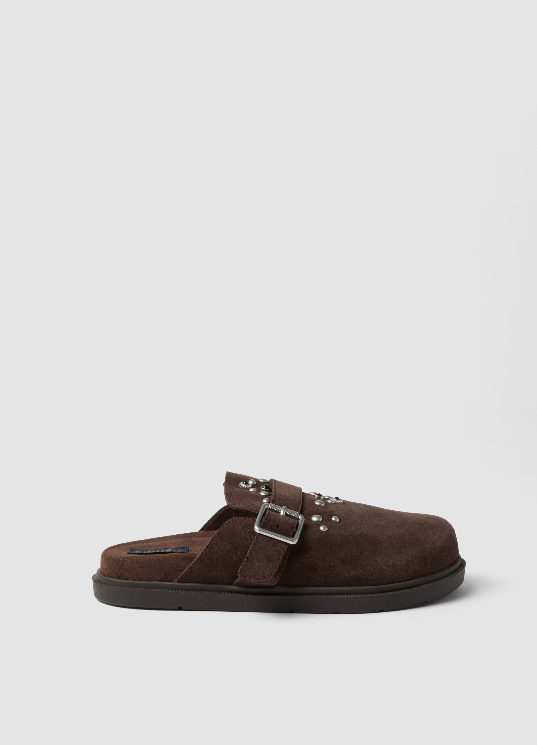 Brown genuine leather loafers with buckle and studs