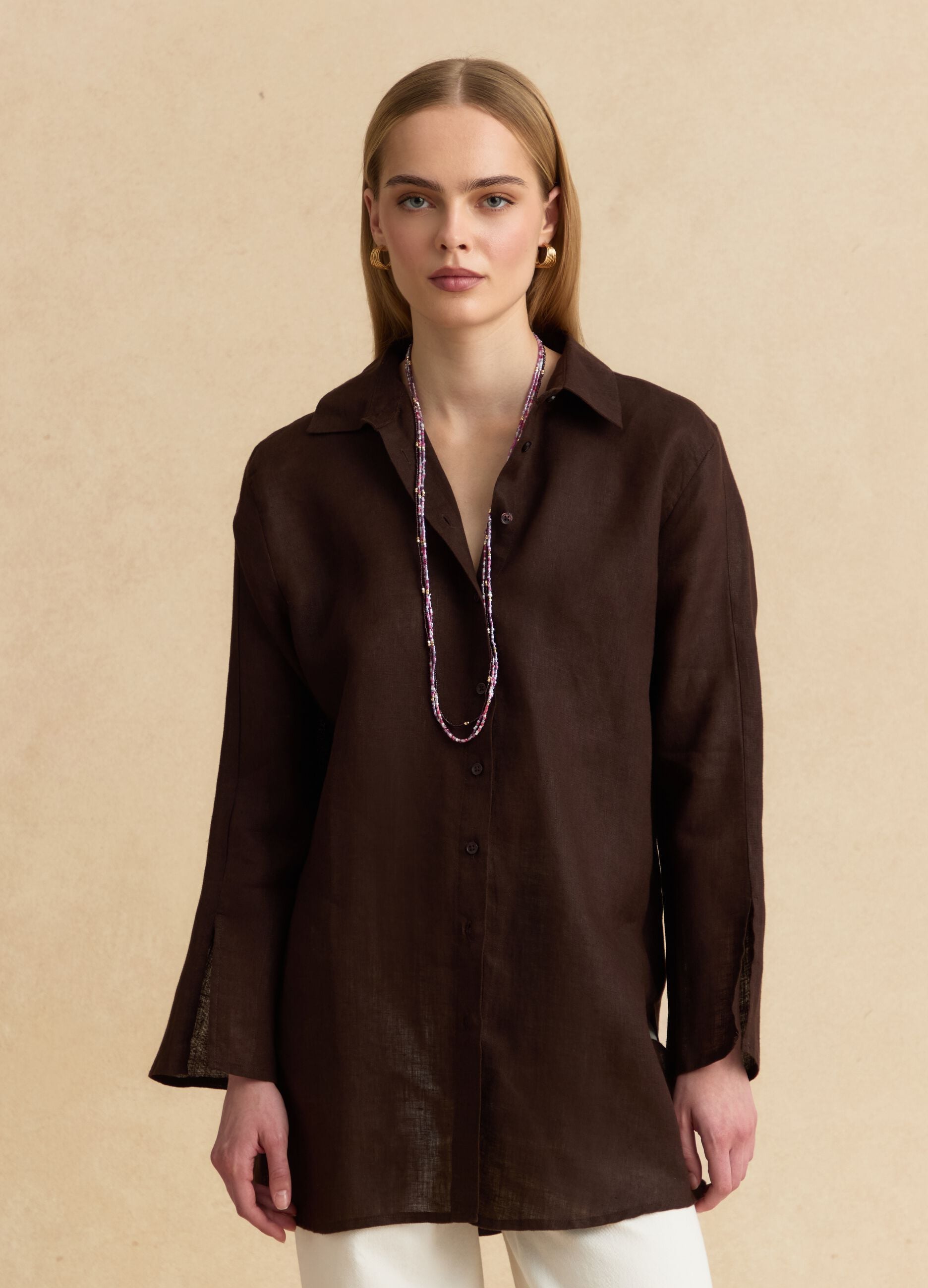 Oversized pure linen brown shirt