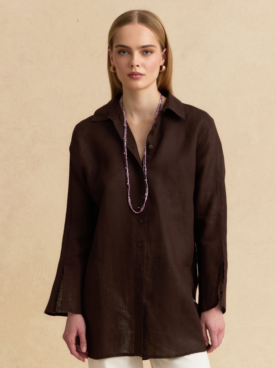 Oversized pure linen brown shirt_0