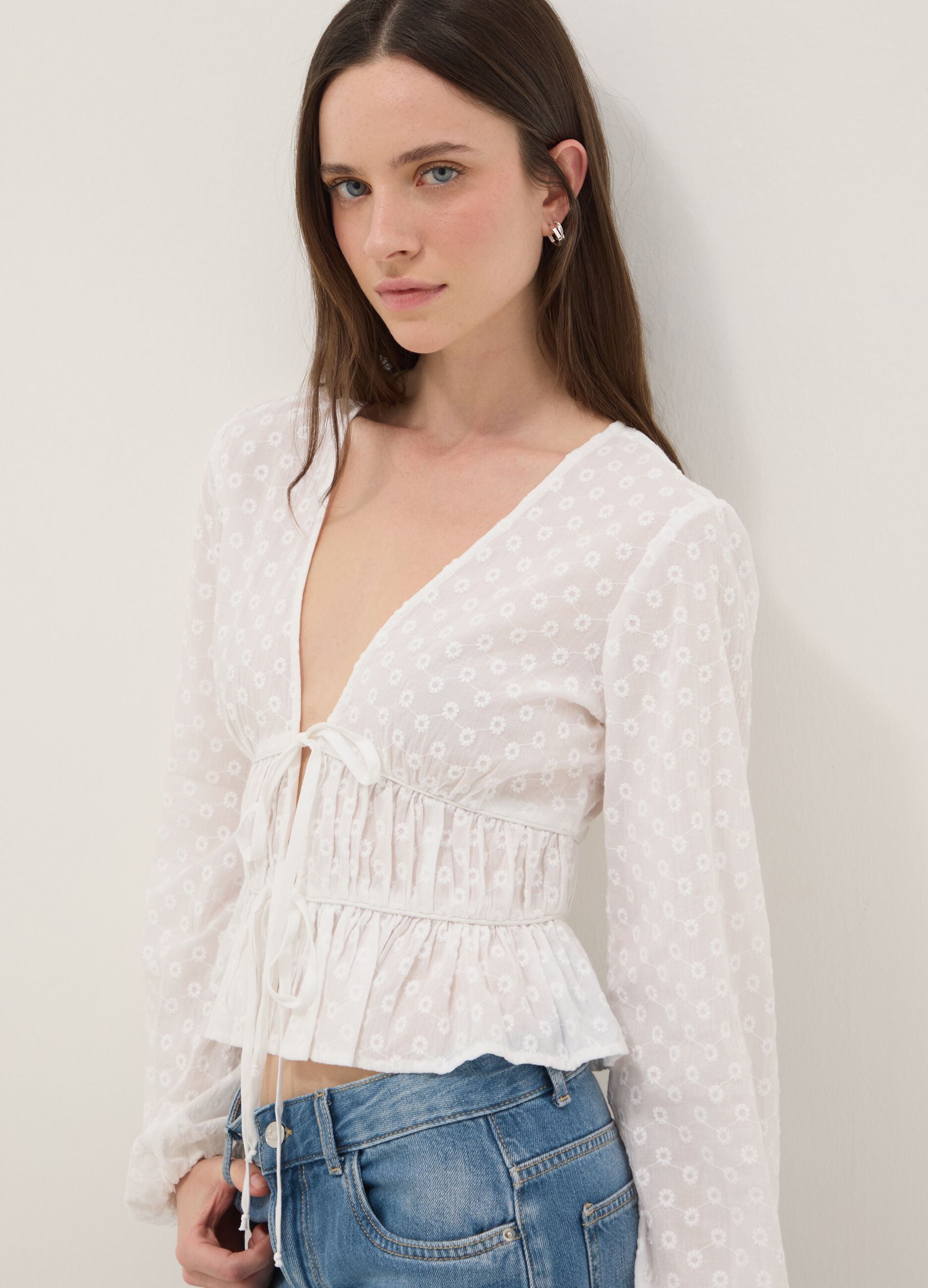 White pure cotton blouse regular fit with ties