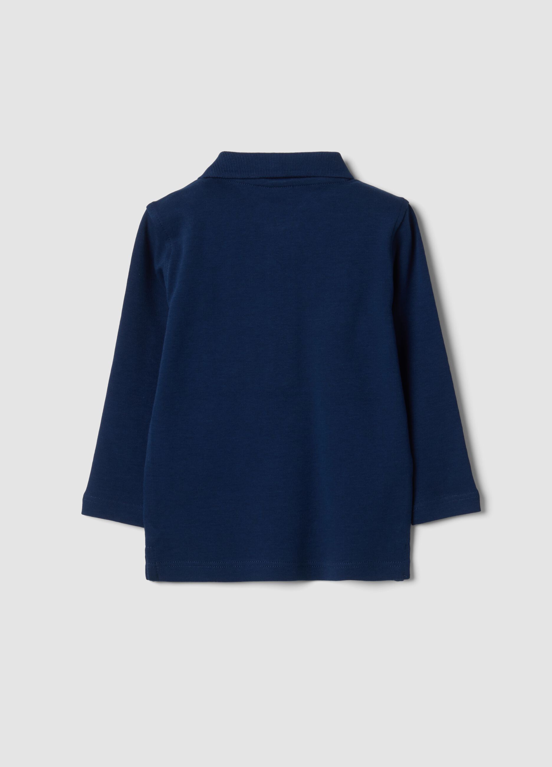 Blue long-sleeve polo shirt in pure organic cotton for baby boy
