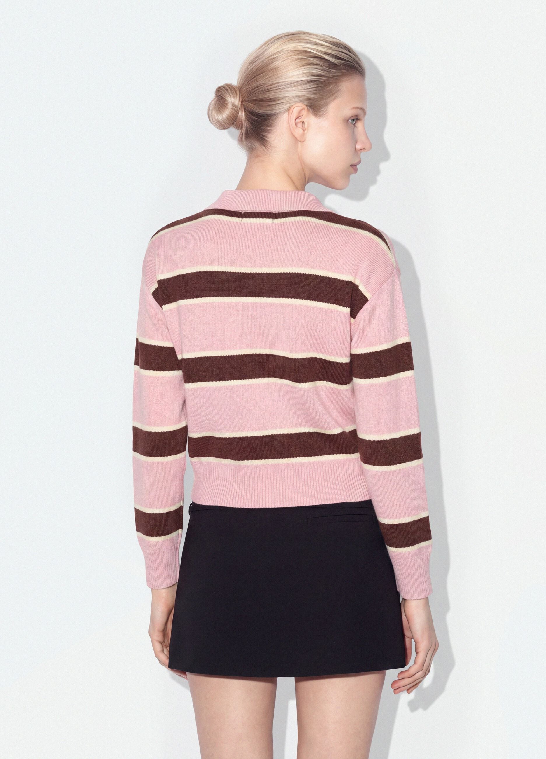 Pink striped viscose-blend polo-collar top, regular fit