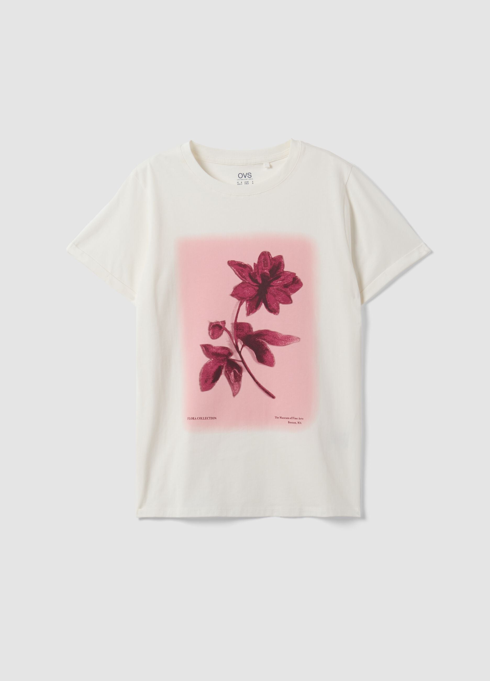 White pure cotton crew-neck T-shirt with floral print, regular fit