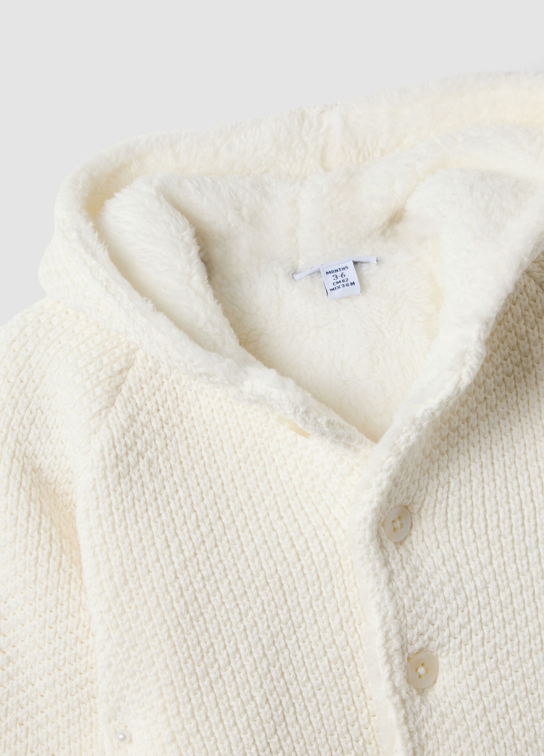 White pure organic cotton hooded jacket with teddy-effect lining