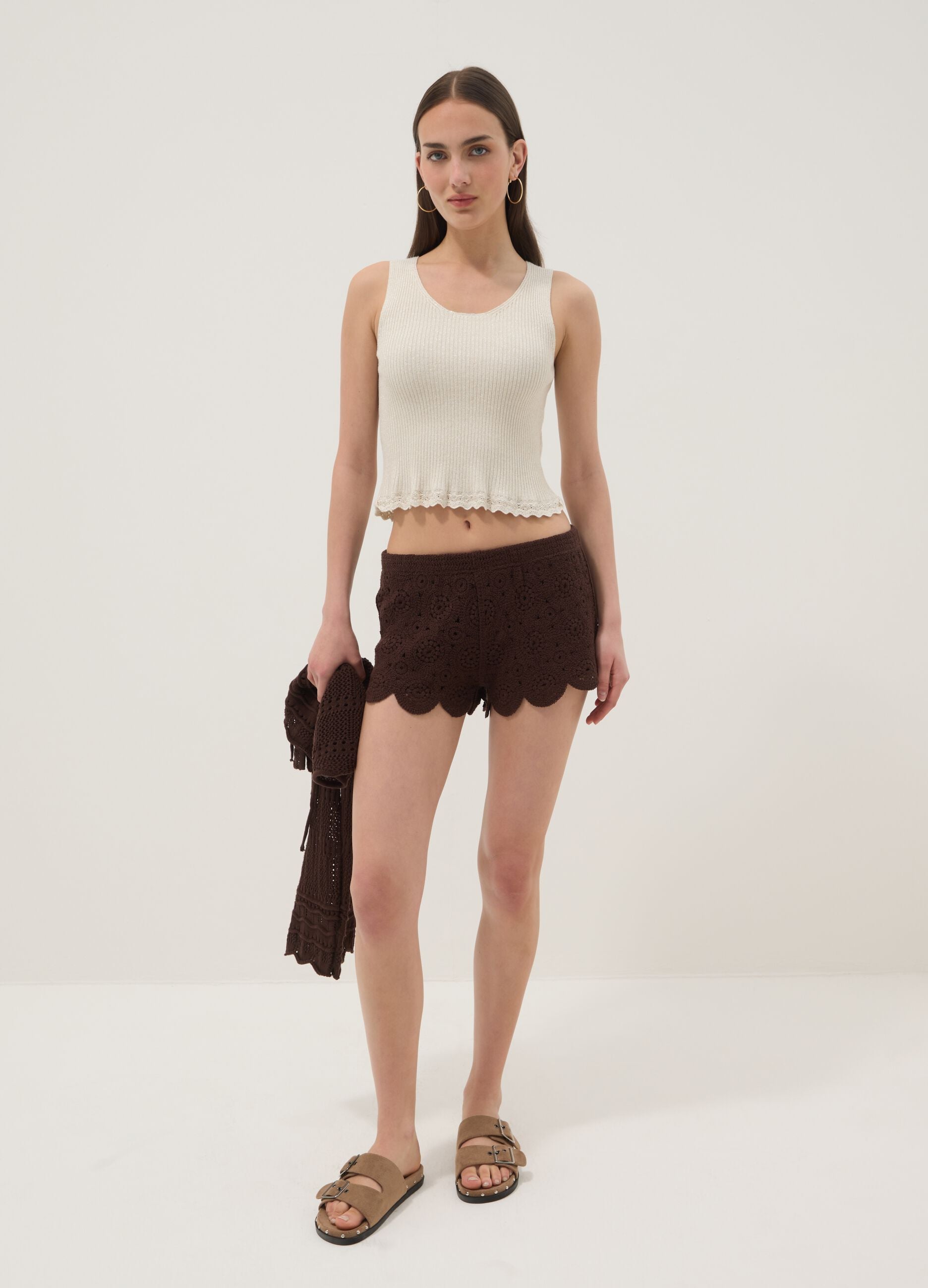 Brown crochet regular-fit cotton-blend shorts