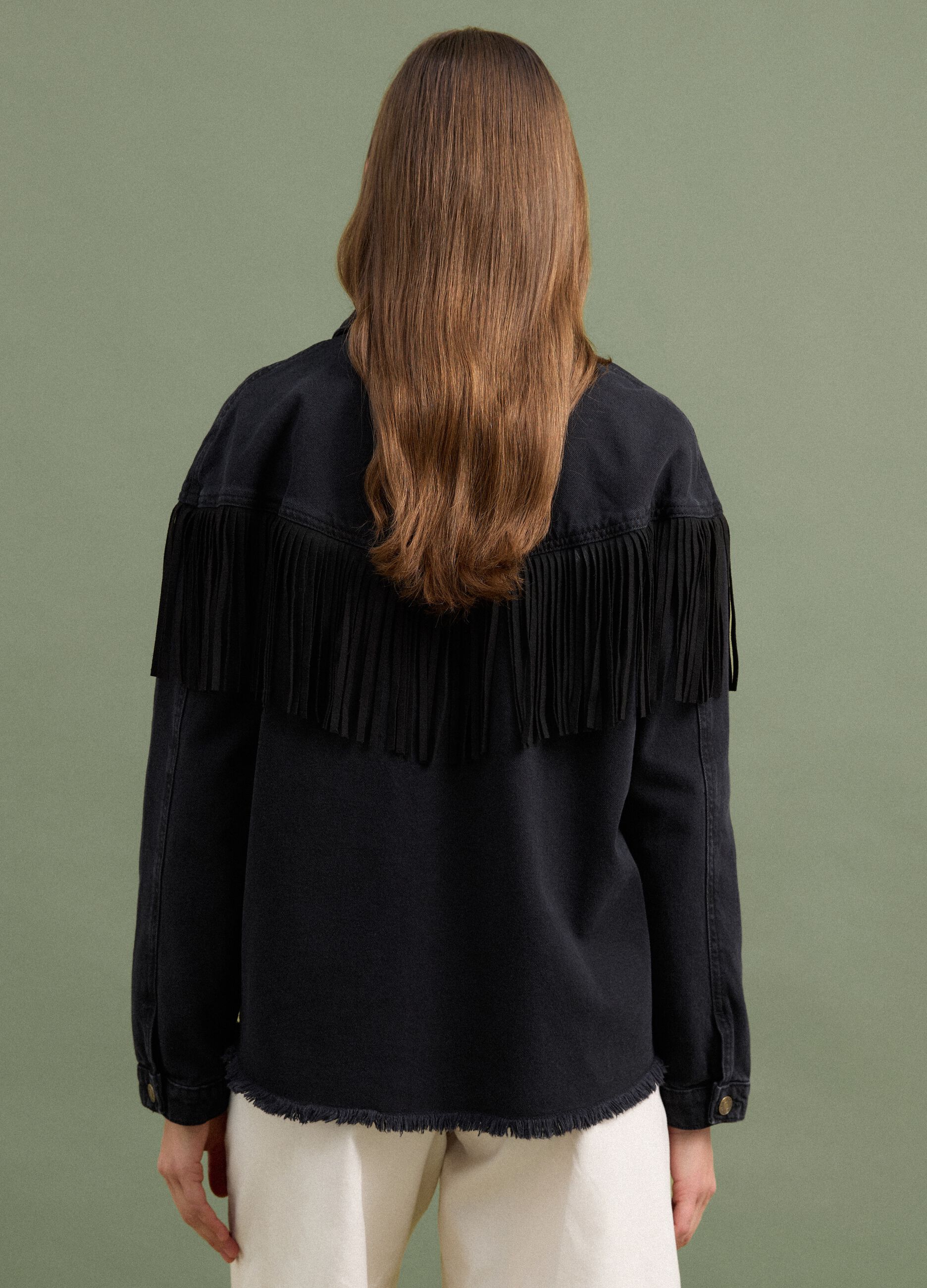 Black pure cotton denim jacket with fringes