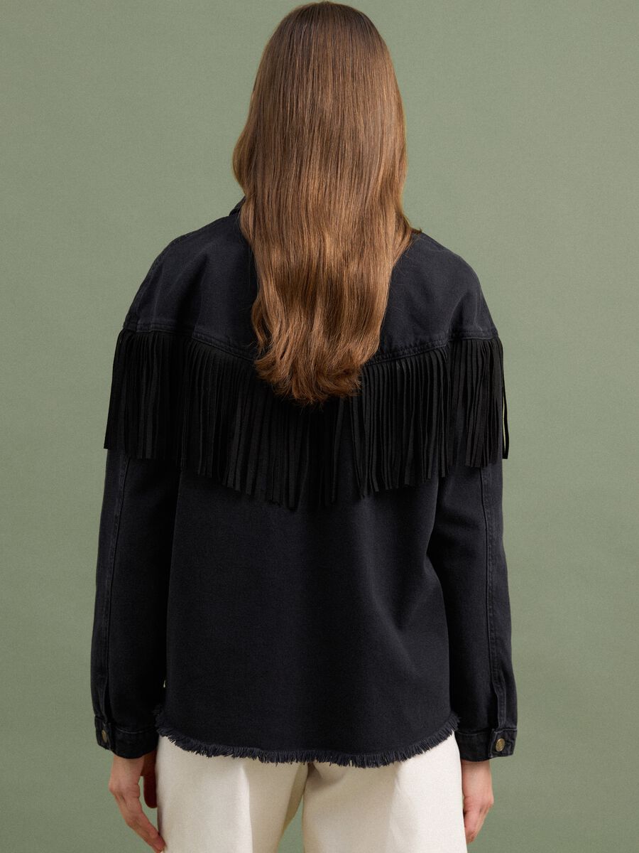 Black pure cotton denim jacket with fringes_3