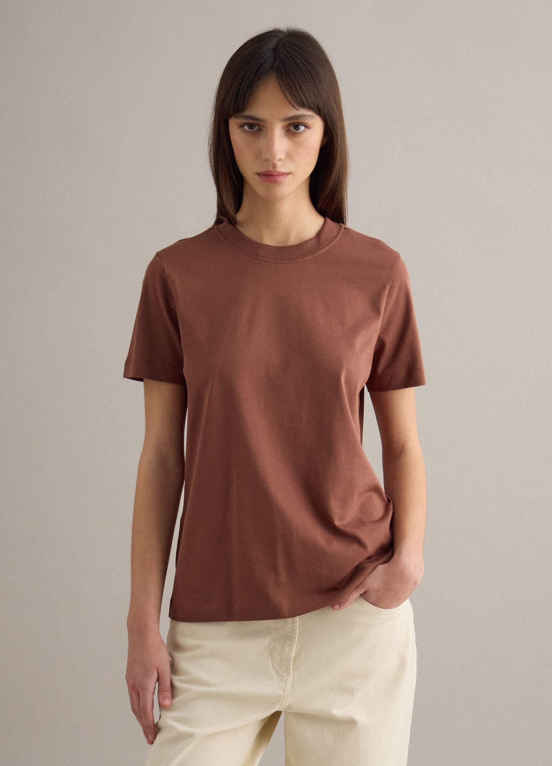 Brown crew neck pure cotton regular fit T-shirt