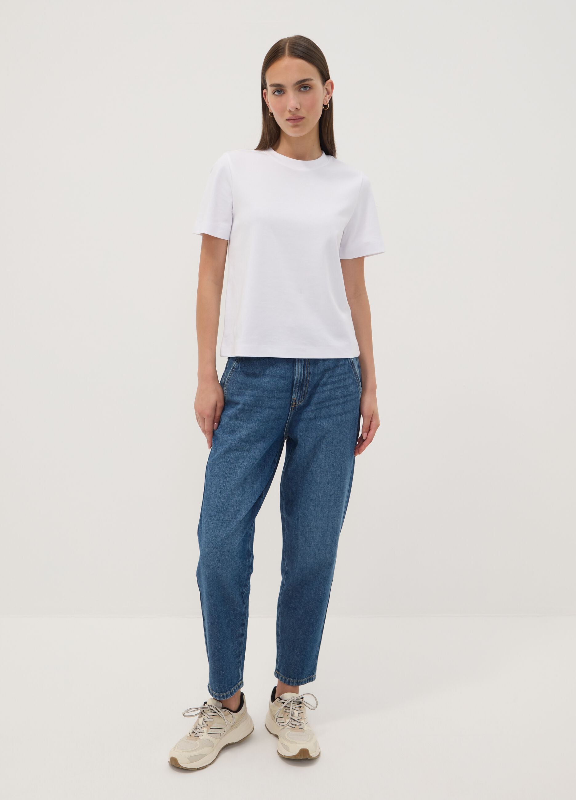 Blue pure cotton denim jeans with paperbag waist, baggy fit