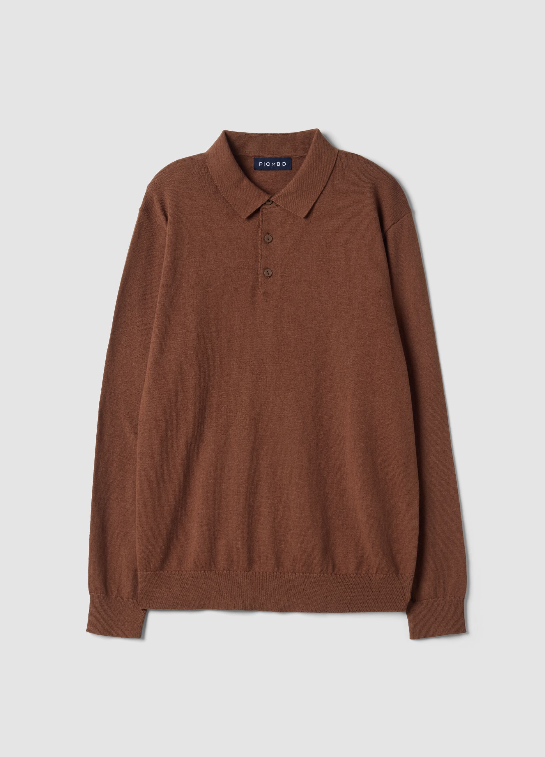 Brown long-sleeve regular-fit cotton and cashmere-blend polo shirt