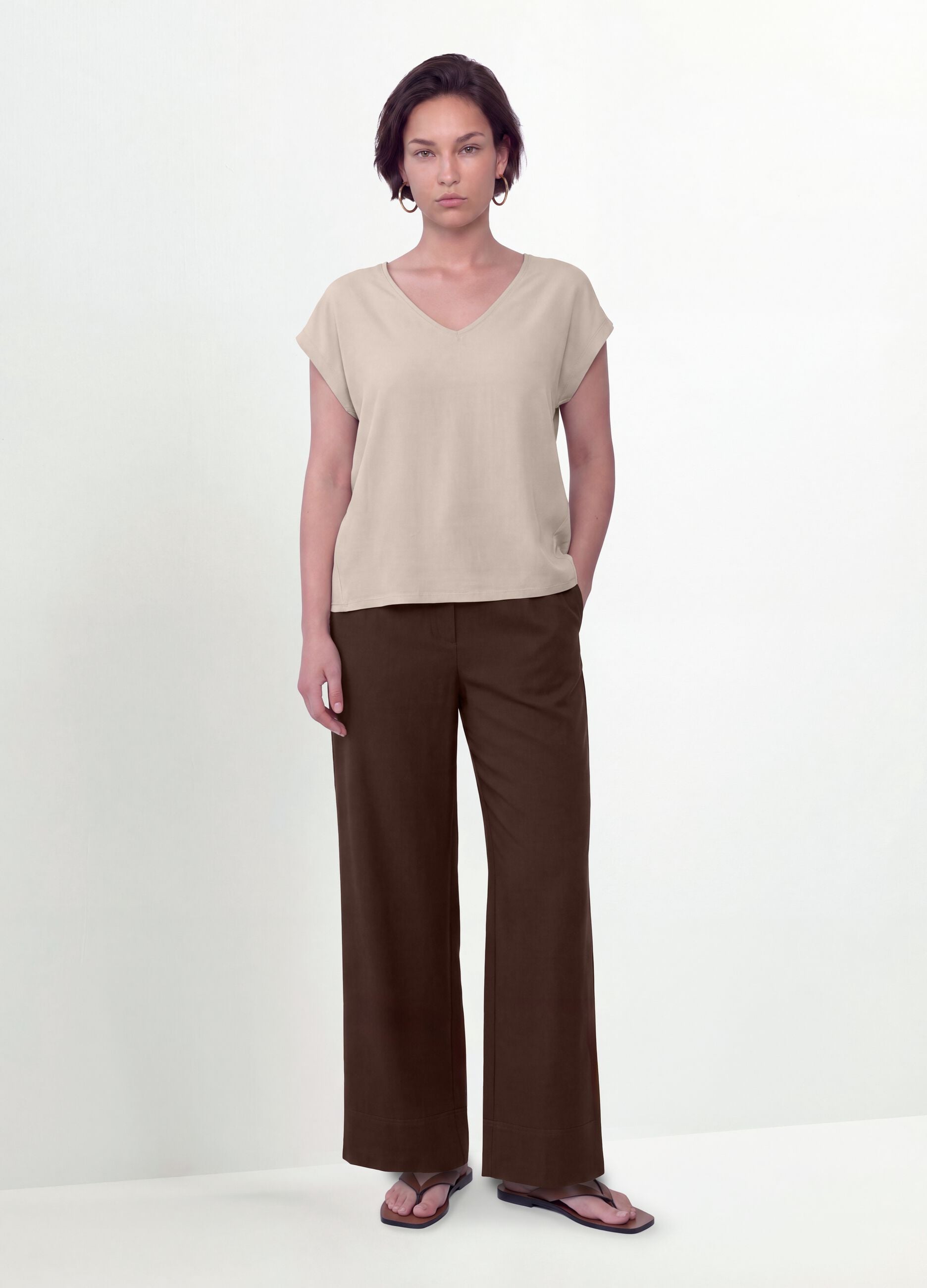Beige pure viscose V-neck T-shirt, regular fit