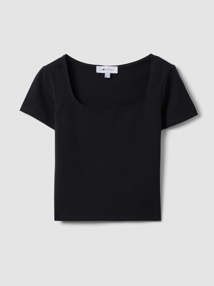 Black stretch cotton T-shirt with square neckline, regular fit_4