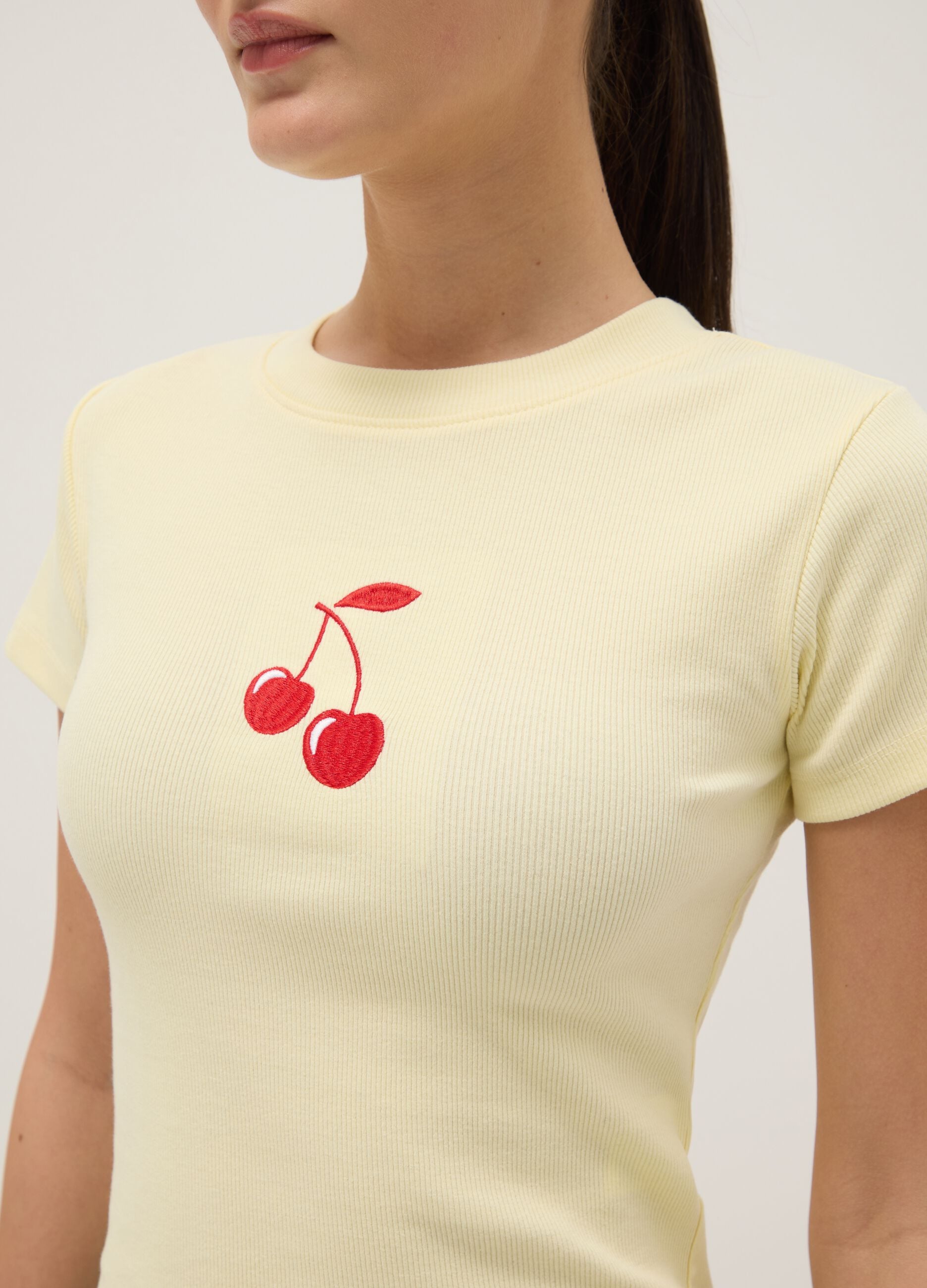 Yellow pure cotton regular fit T-shirt with cherry print