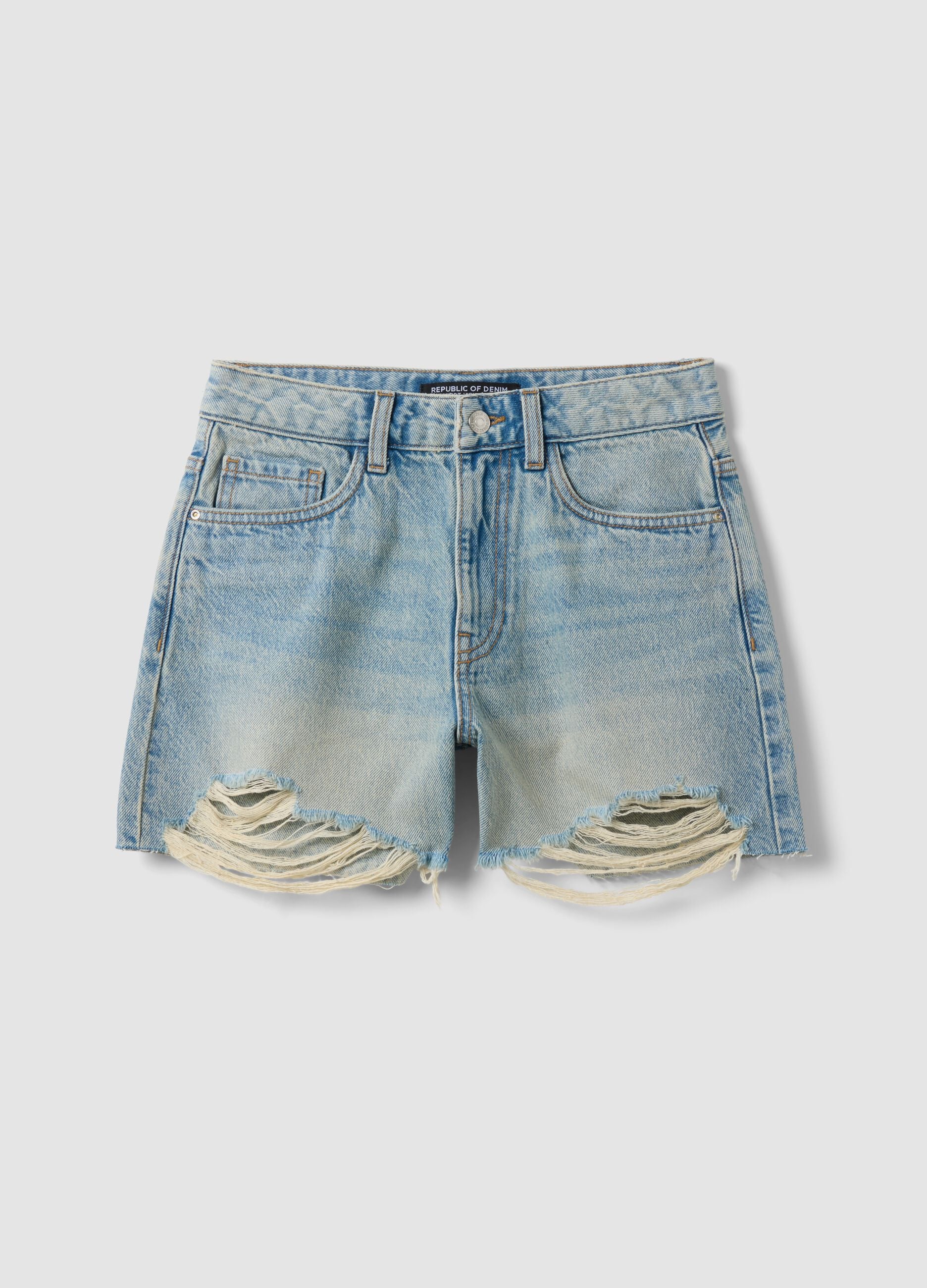 Light blue pure cotton denim shorts with frayed hems