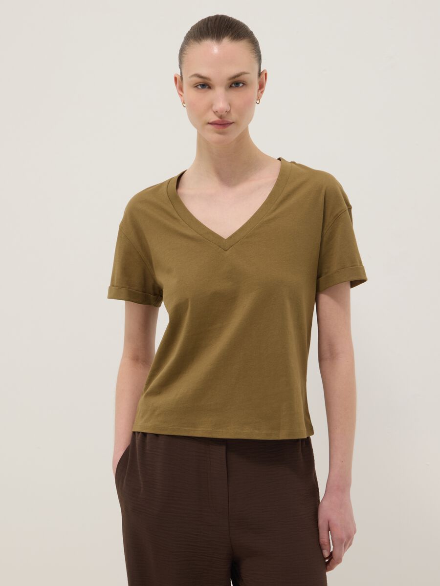 T-shirt in puro cotone verde relaxed fit con collo a V_1