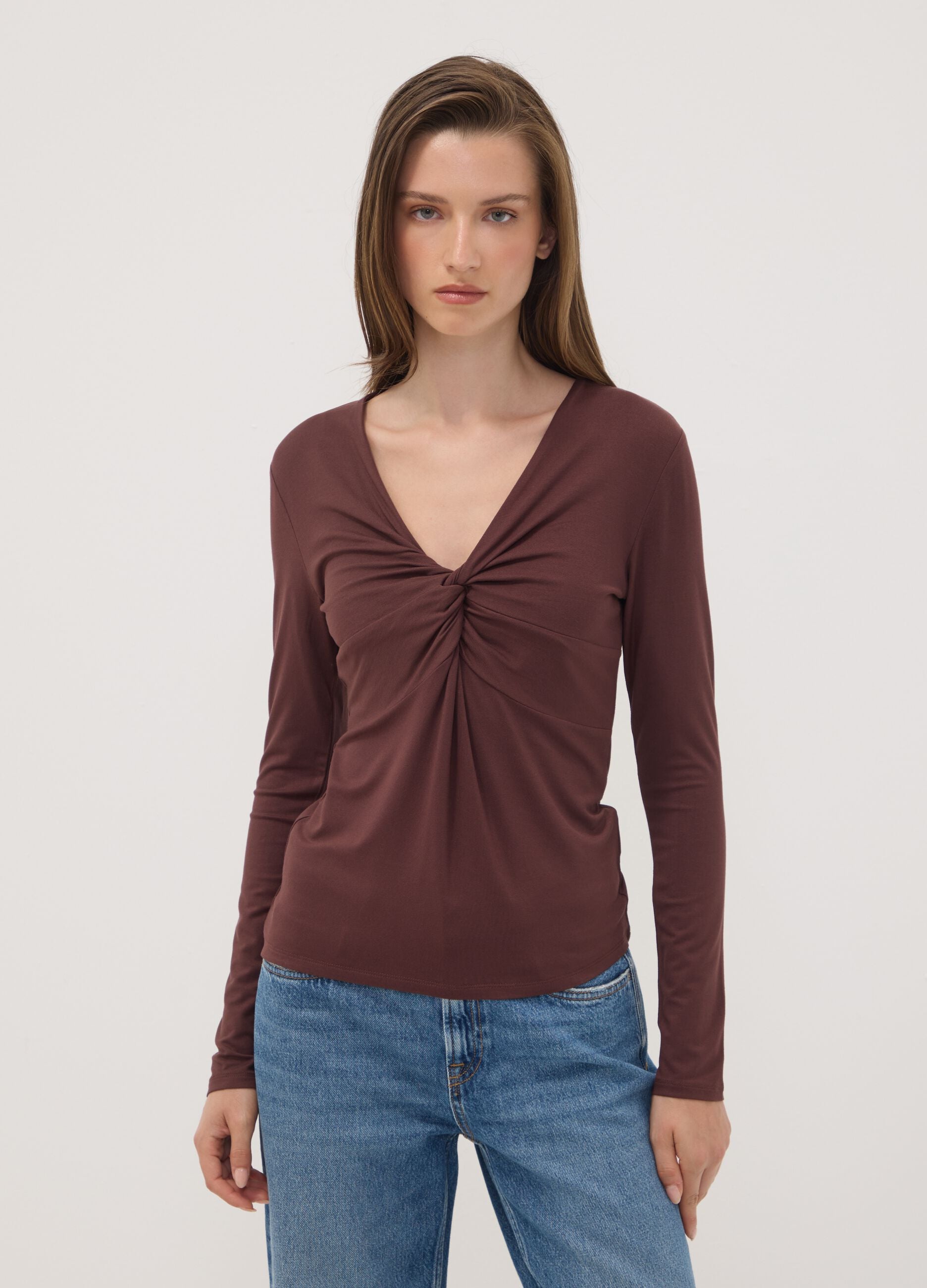 Brown stretch viscose slim-fit T-shirt with front ruching
