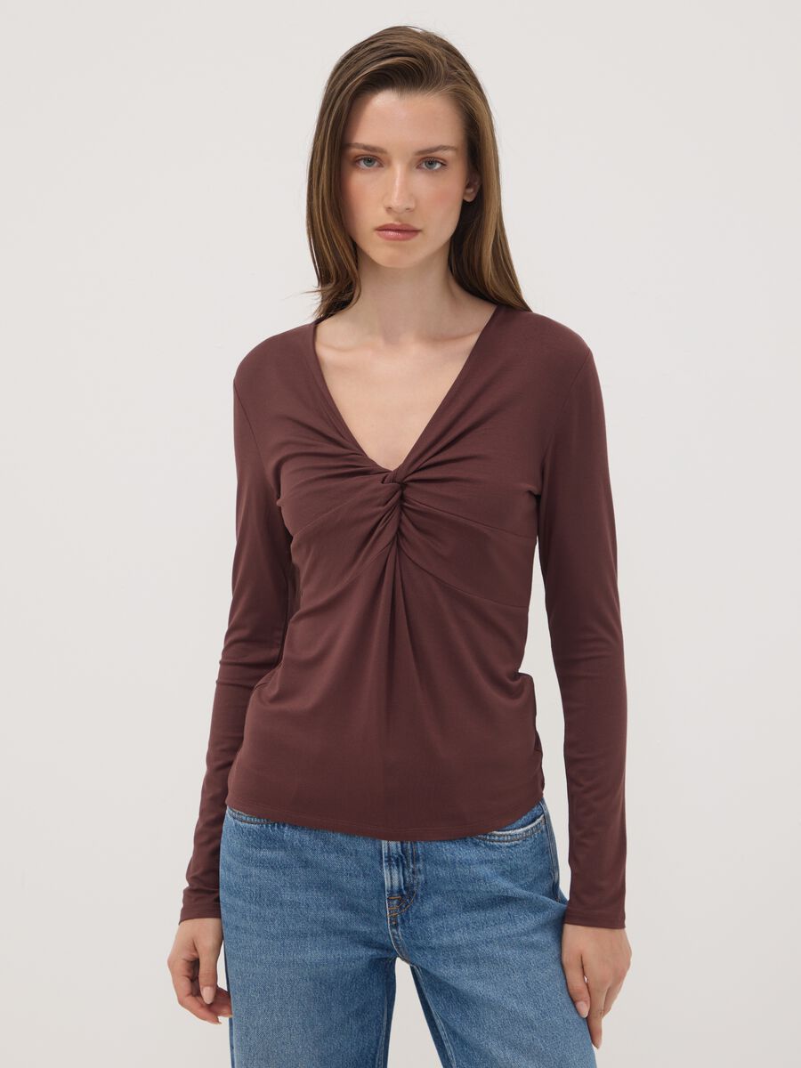 Brown stretch viscose slim-fit T-shirt with front ruching_0
