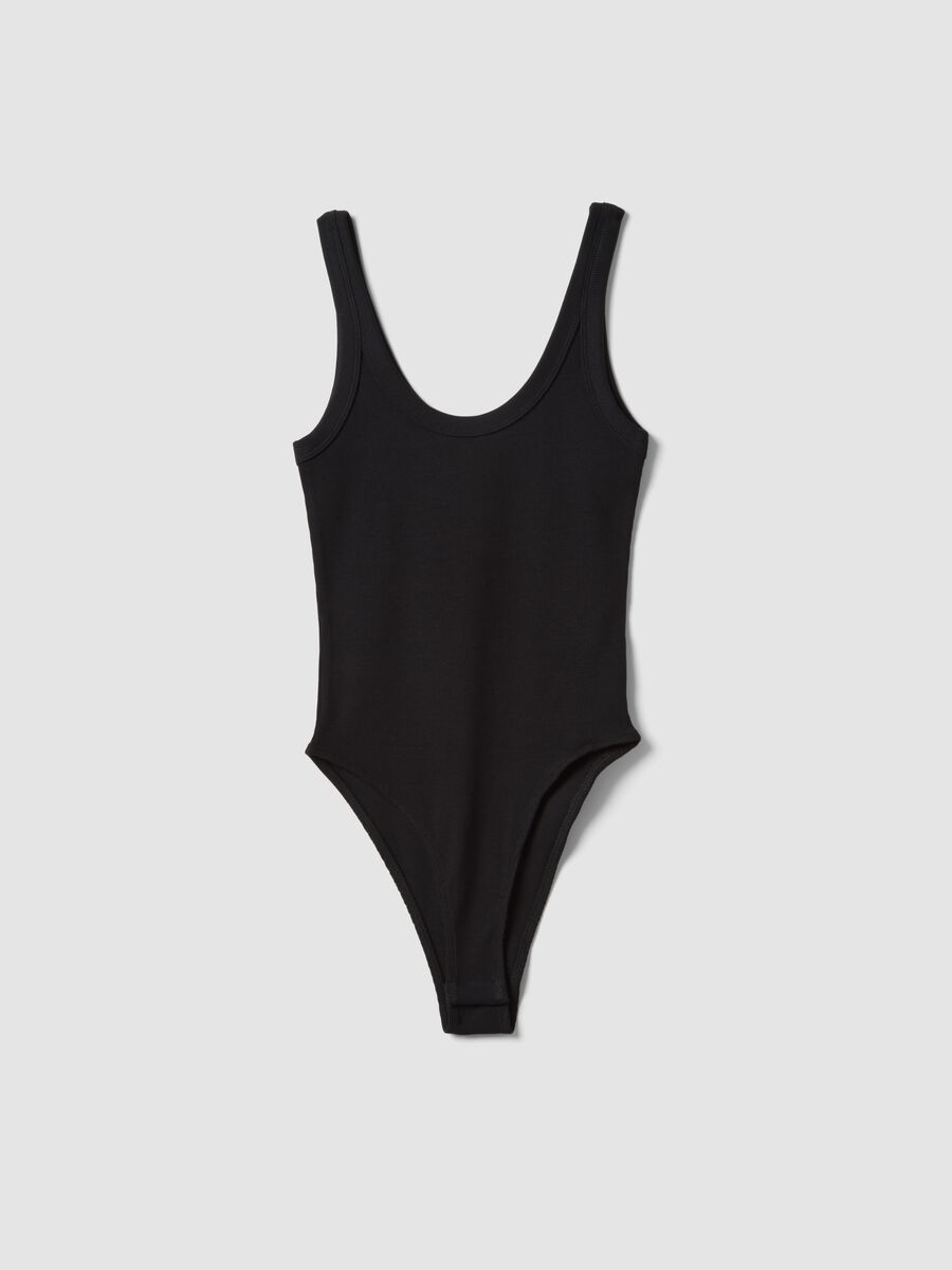 Black ribbed stretch-cotton bodysuit with wide neckline_4