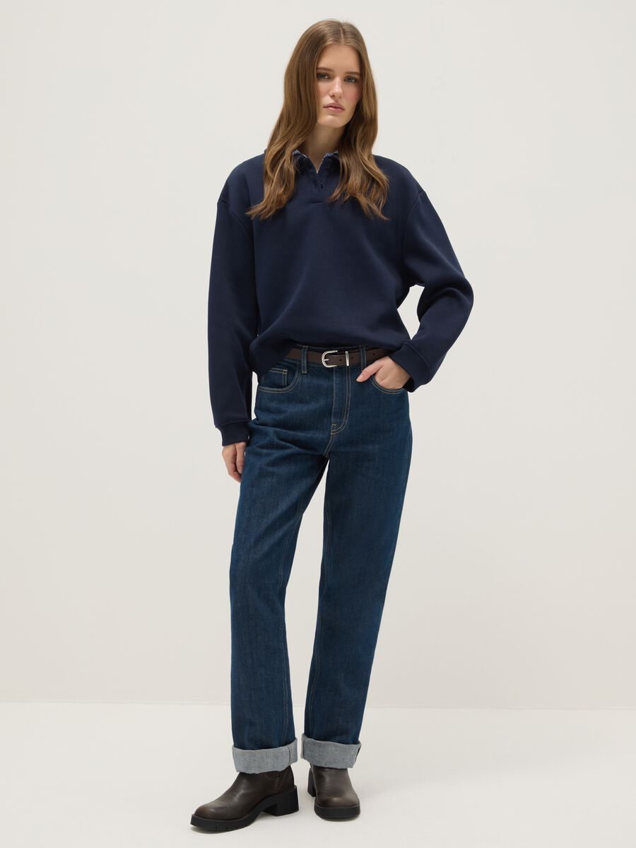 Maglione in misto cotone blu regular fit con colletto a contrasto_1