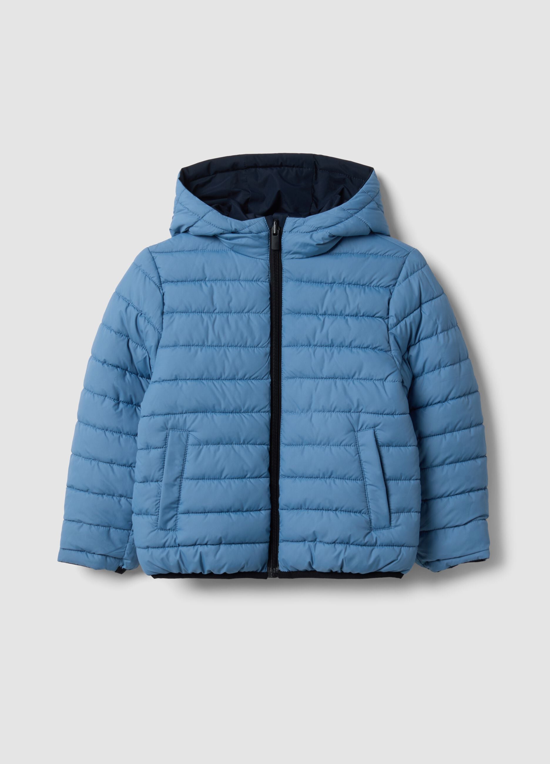 Reversible ultralight hooded zip jacket in light blue for boys