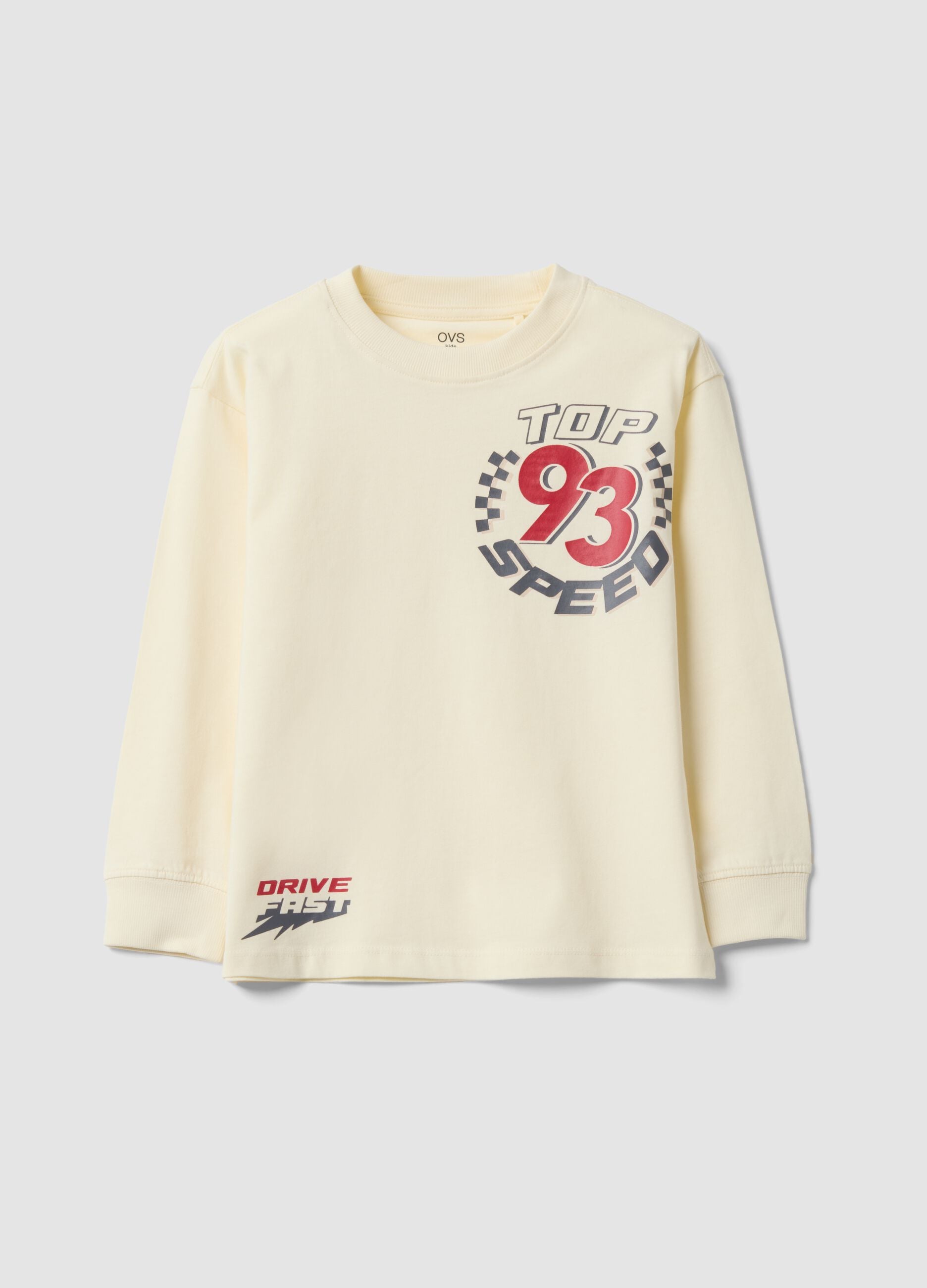 White pure cotton crew-neck T-shirt with Top Speed print
