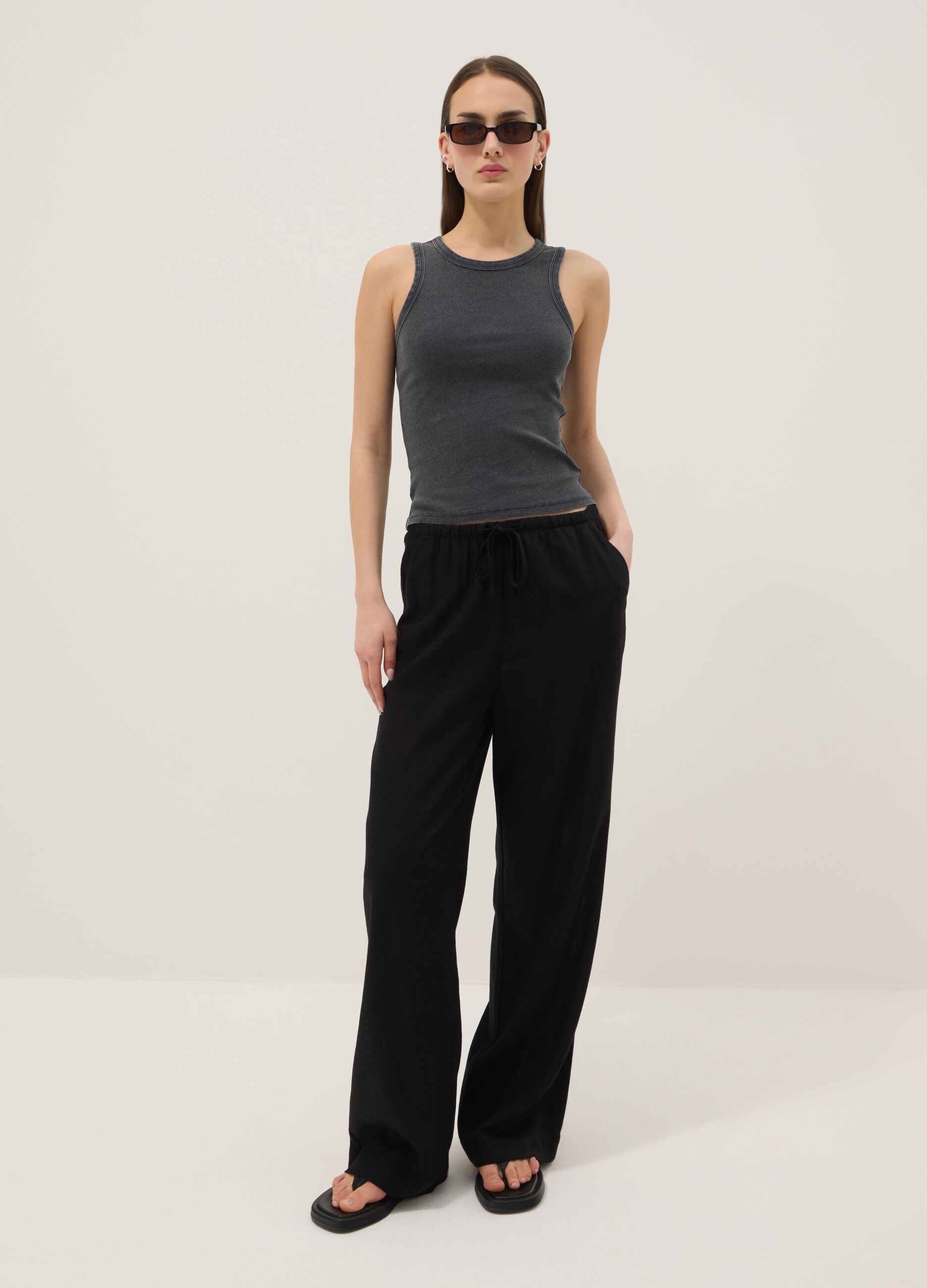 Grey ribbed stretch-cotton fitted tank top