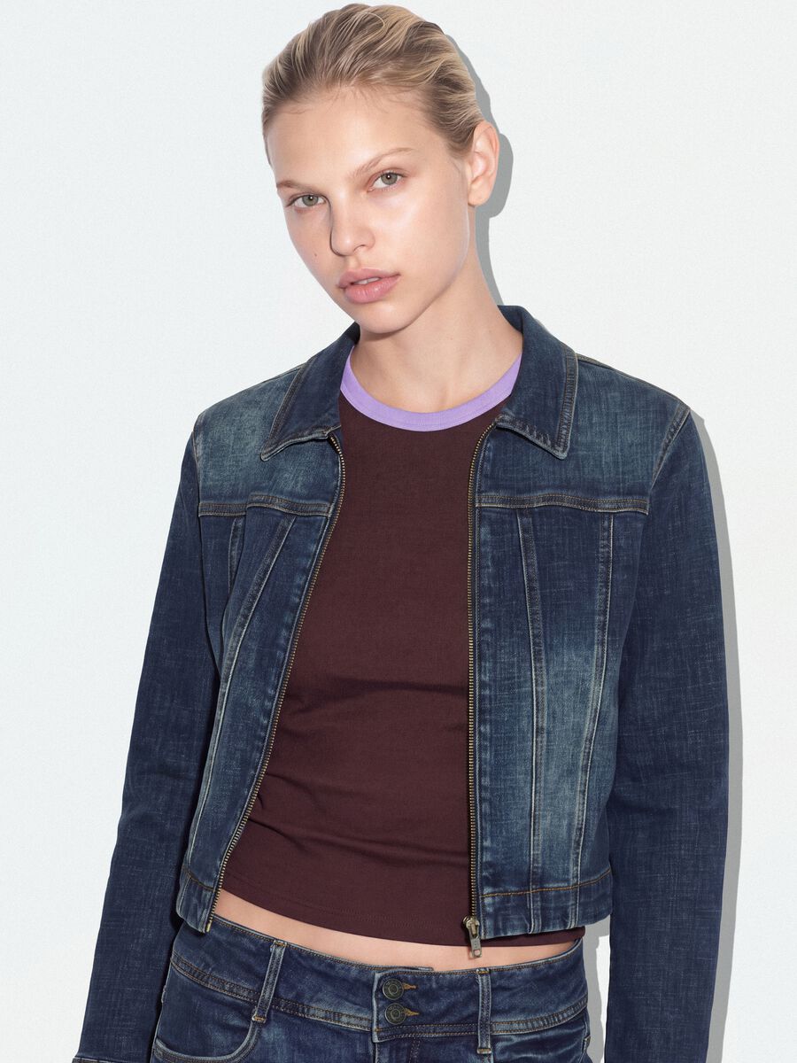 Blue slim-fit jacket in stretch cotton denim with zip_0