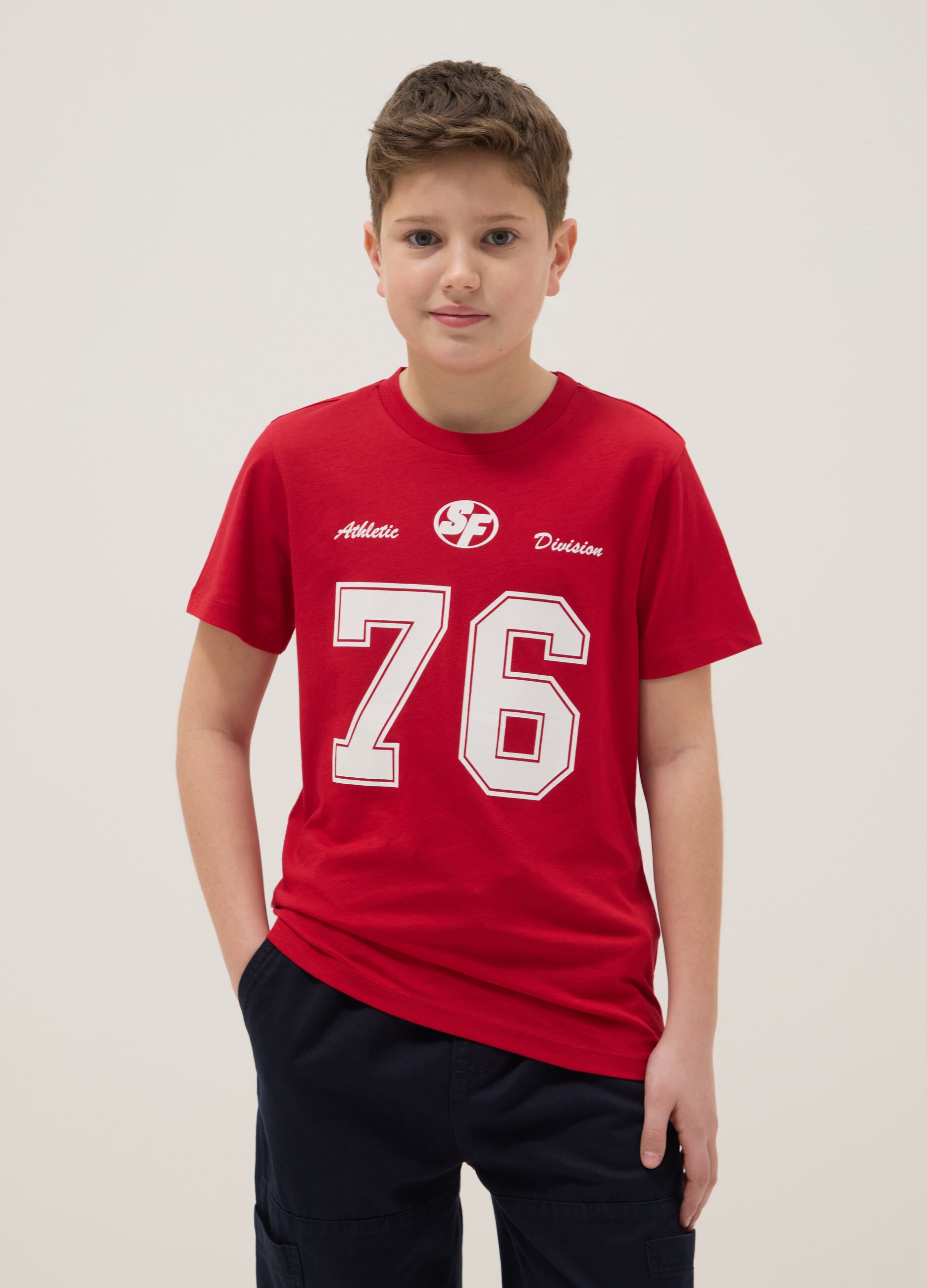 Red pure cotton boys&rsquo; T-shirt with print, regular fit