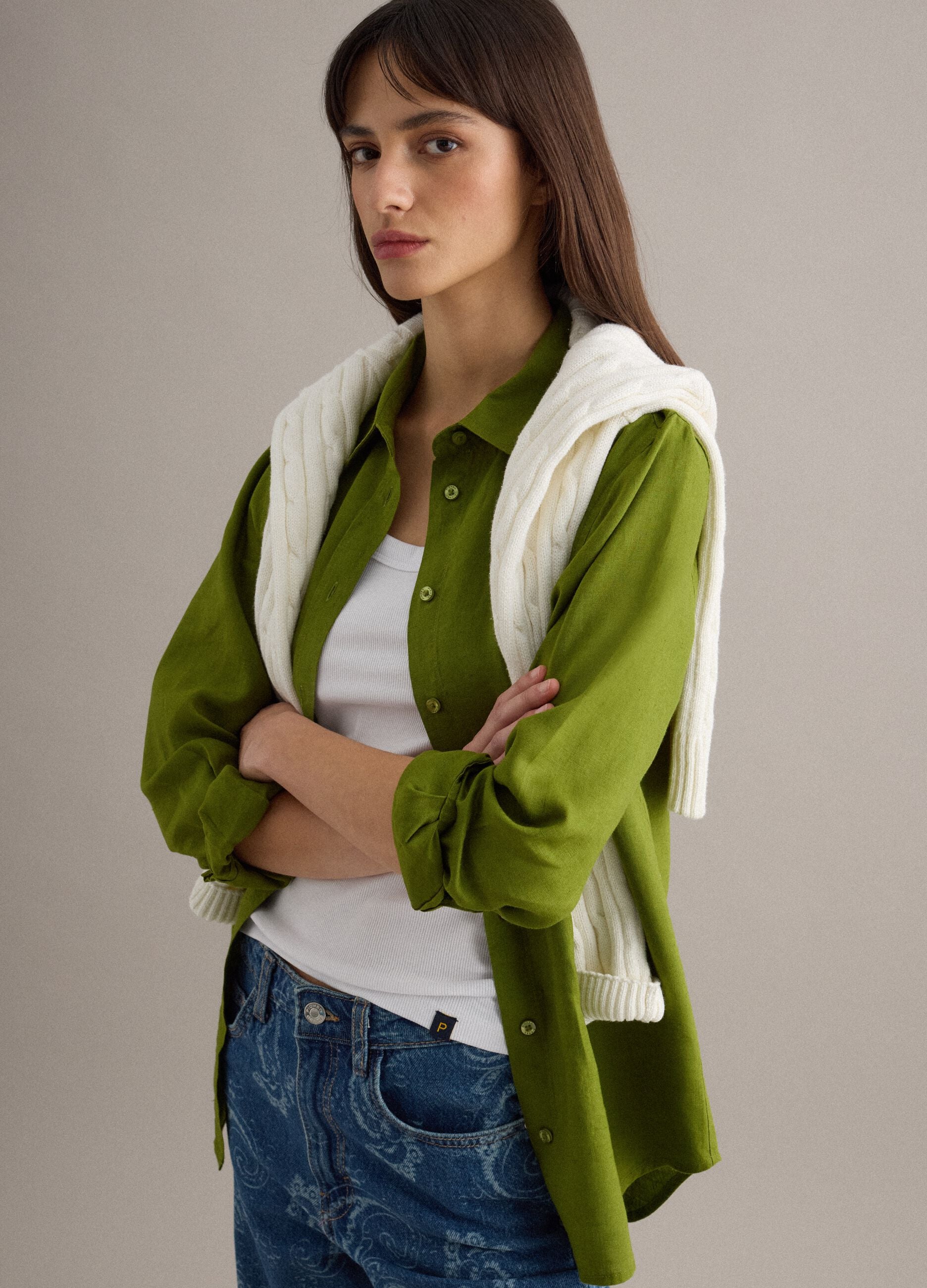Green Pure Linen Regular Fit Shirt