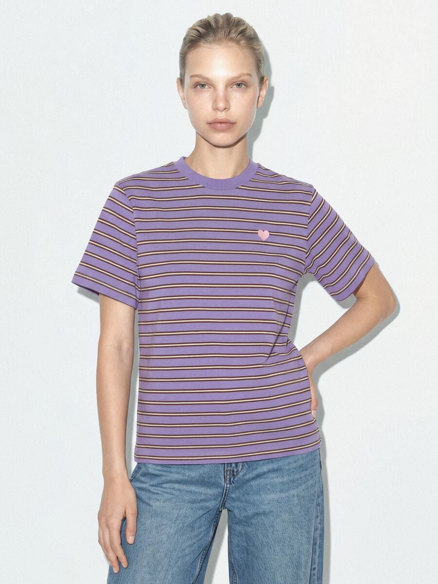 Purple relaxed-fit striped pure cotton T-shirt with embroidered heart_0
