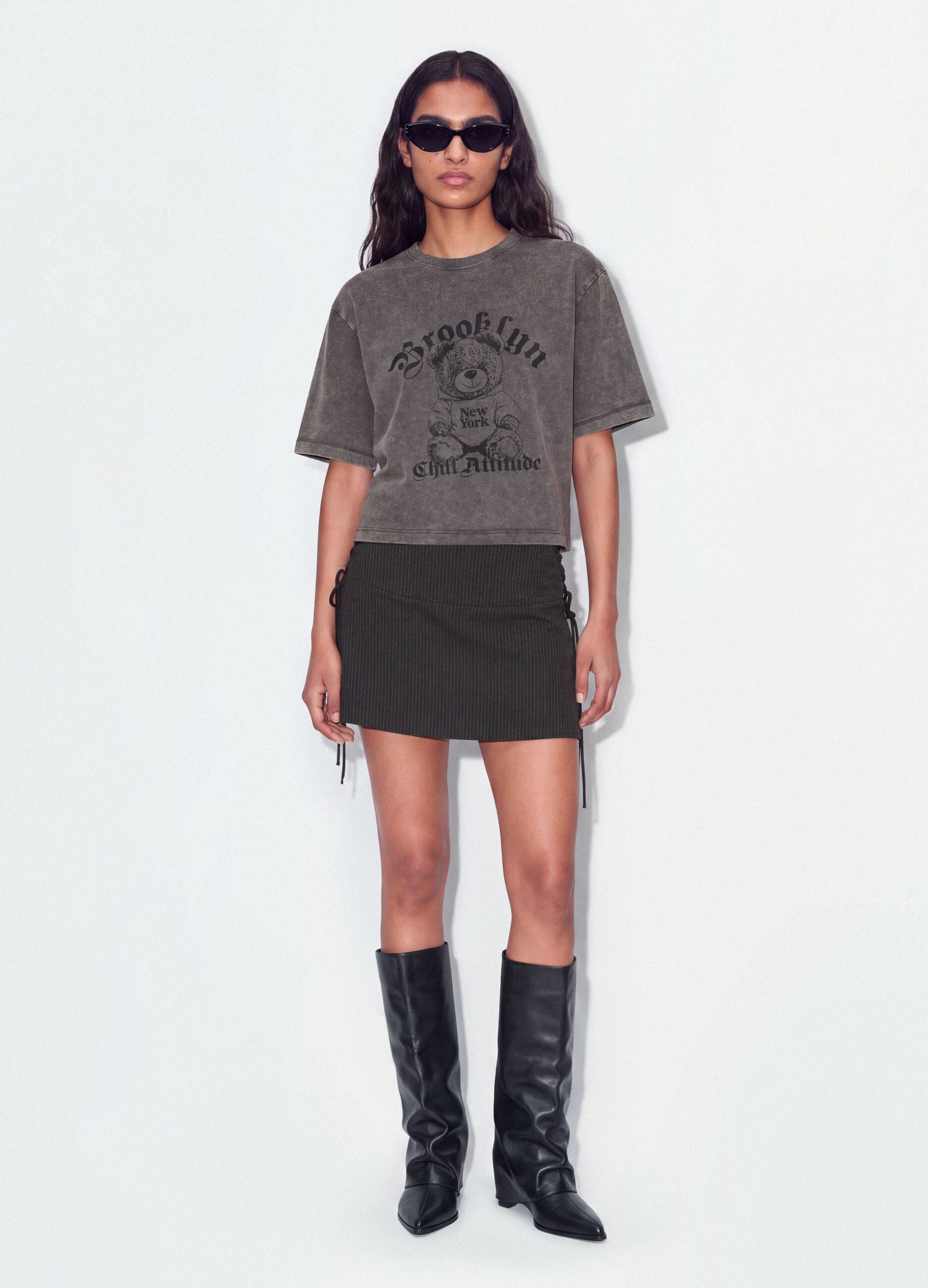 Grey pure cotton oversized T-shirt with teddy bear print