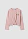 Pink stretch cotton T-shirt with front knot and print for girls_0