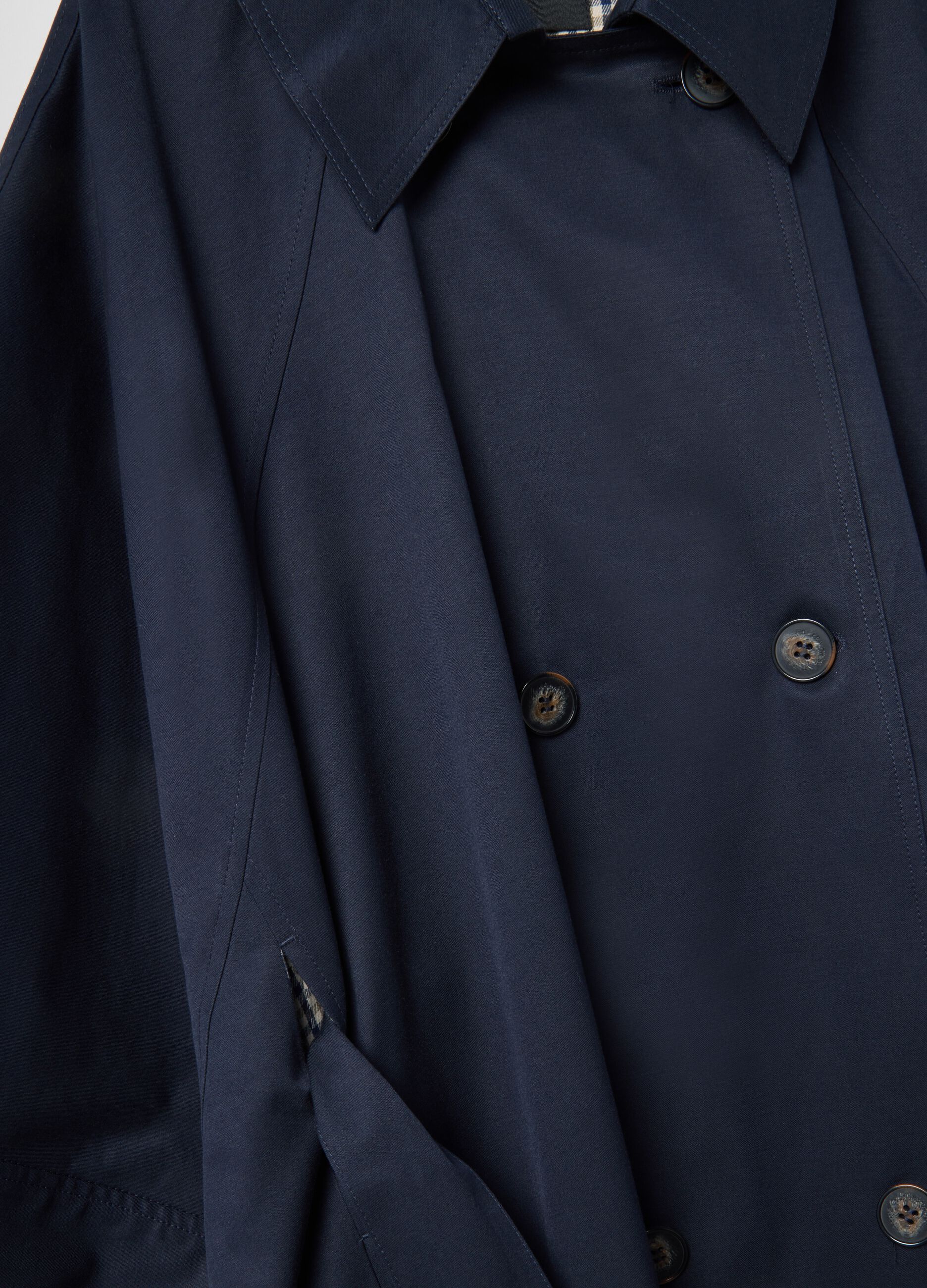 Long blue cotton blend coat with oversized fit