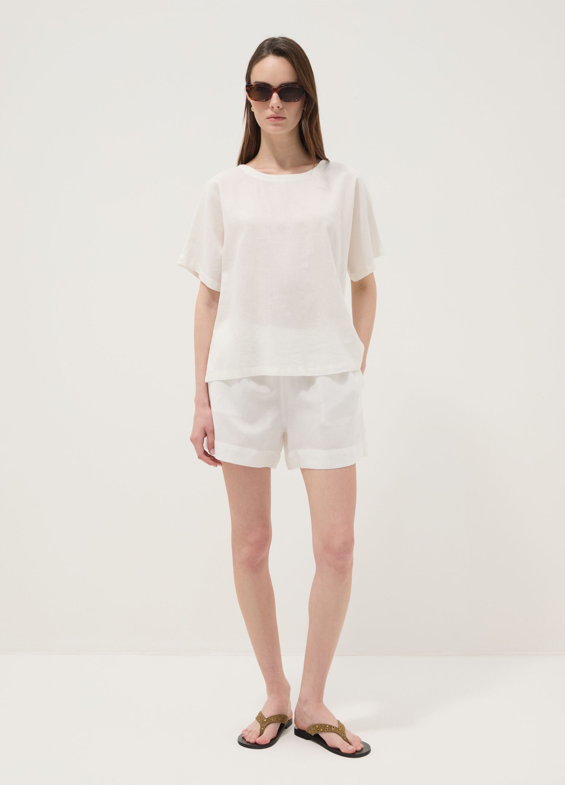 White linen and viscose blend blouse, regular fit