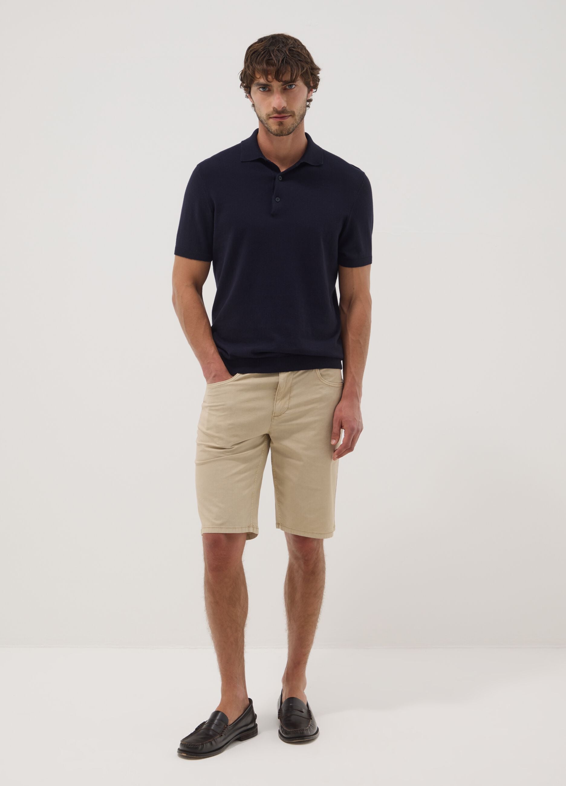 Beige stretch-cotton Bermuda shorts, regular fit