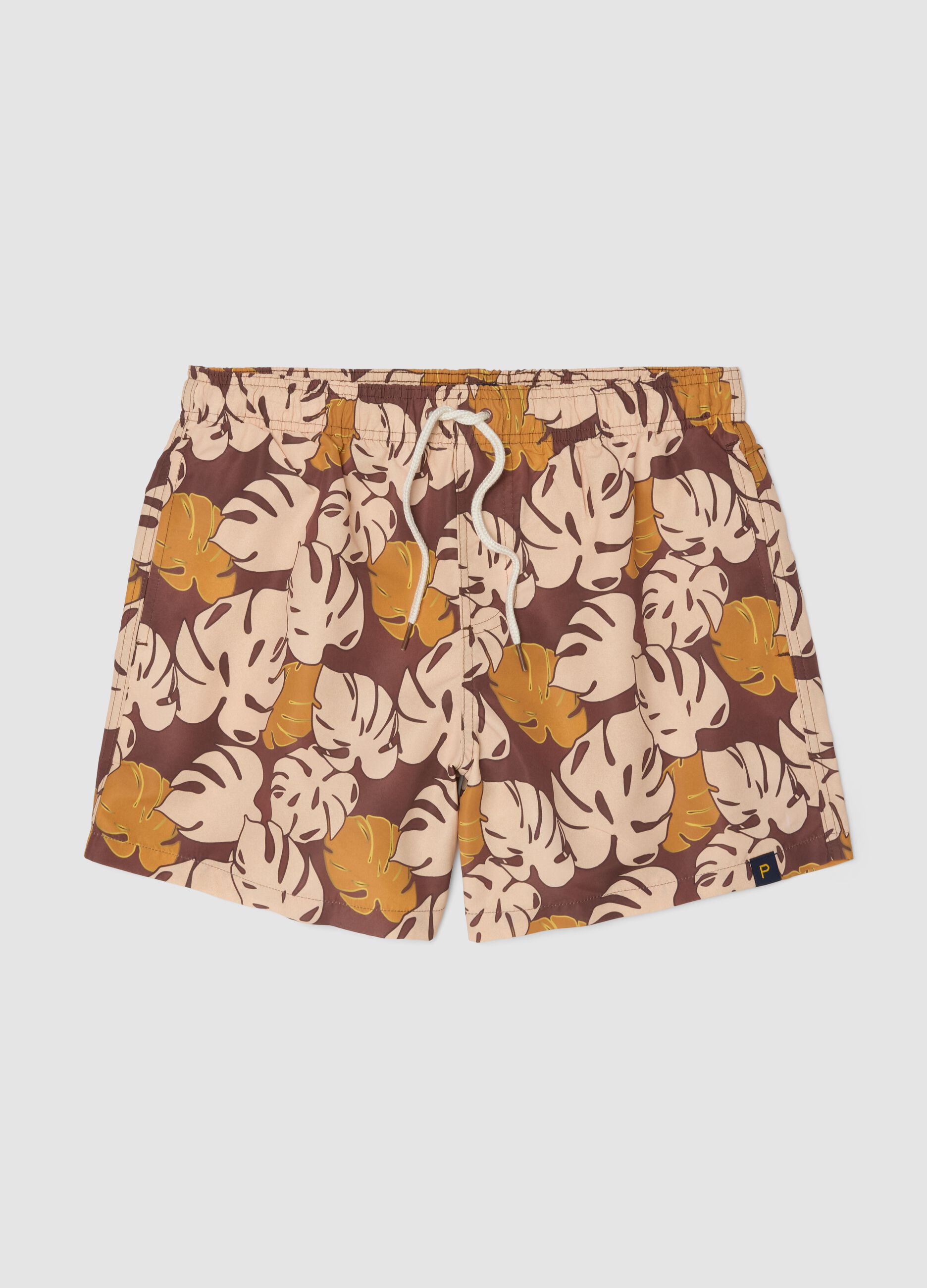 Brown tropical-print swim shorts