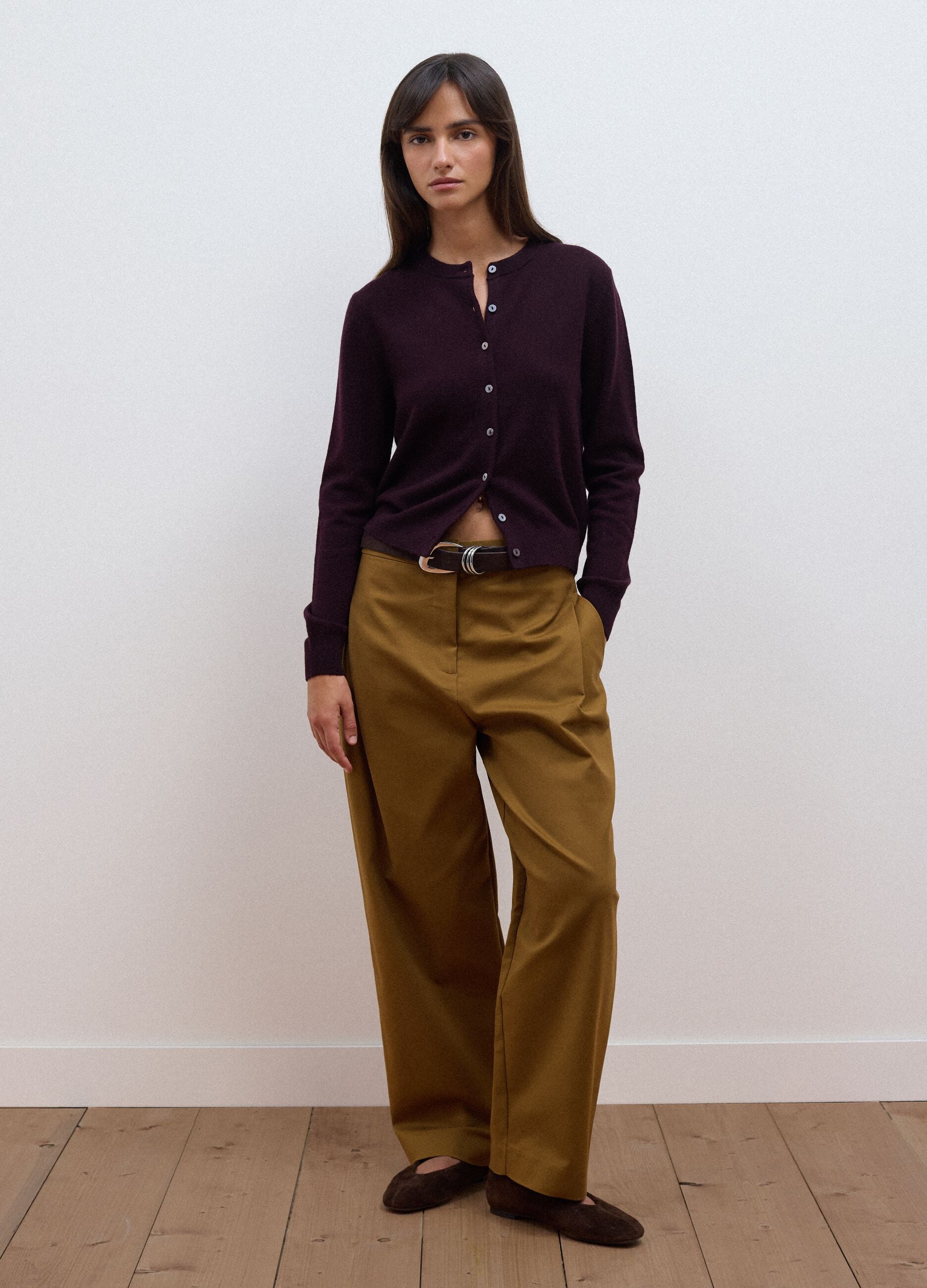 Purple pure wool crew-neck cardigan with buttons, regular fit