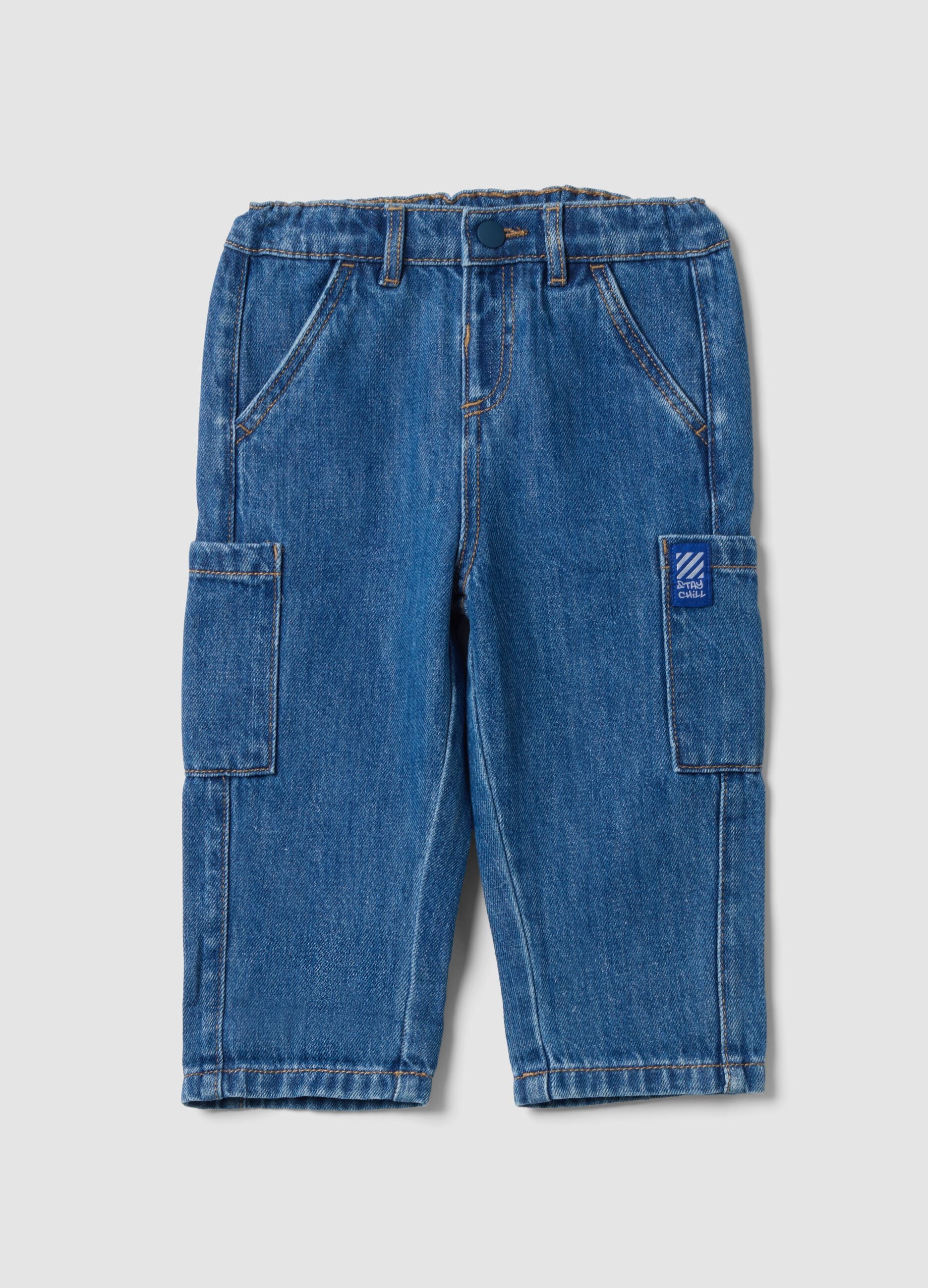 Blue denim cargo trousers in a cotton-viscose blend for baby boy
