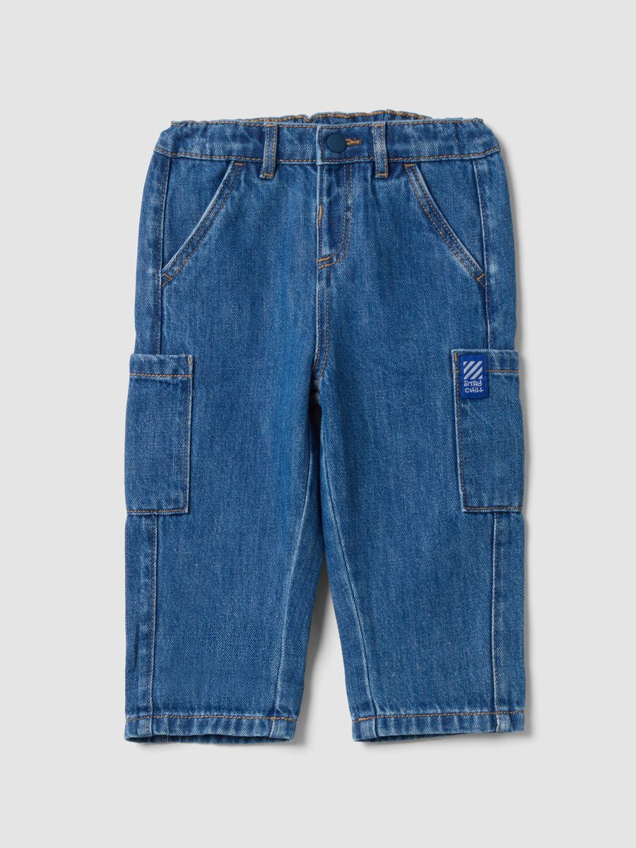Blue denim cargo trousers in a cotton-viscose blend for baby boy_0