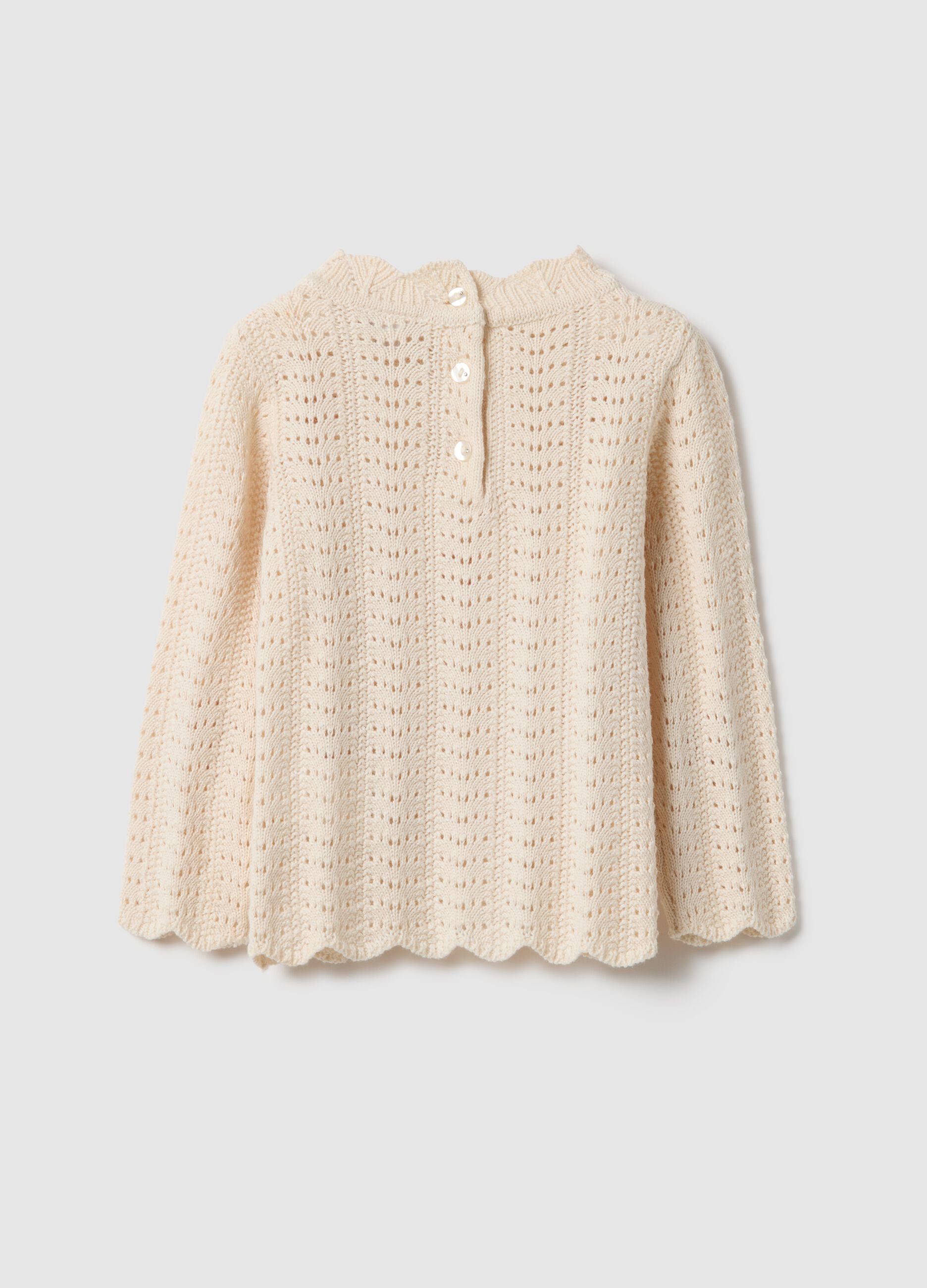 Beige pure cotton perforated jumper for girls, regular fit with embroidery