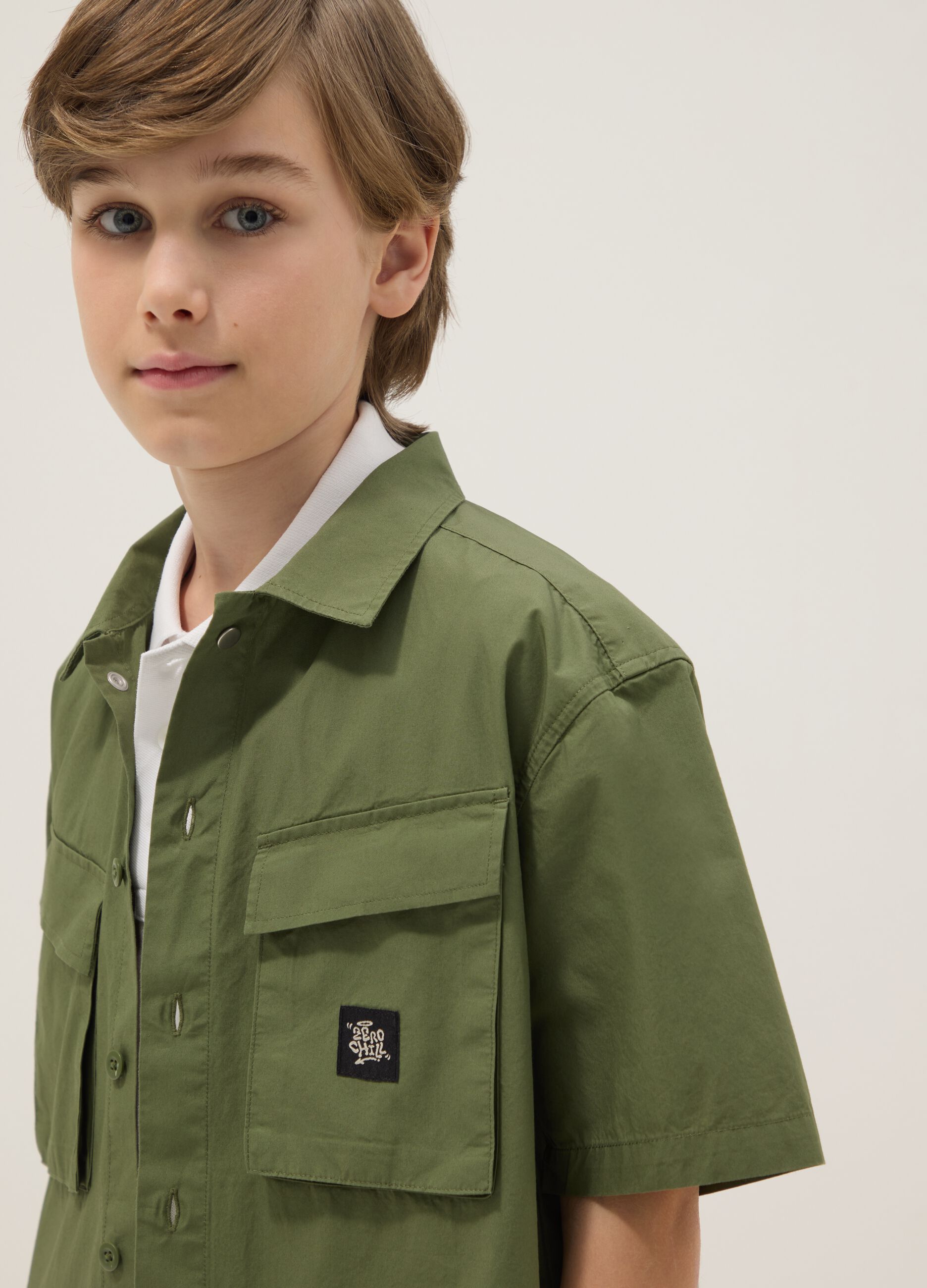 Boys&rsquo; green pure cotton shirt, oversized fit