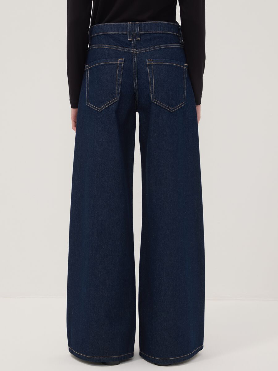 Dark blue low-rise wide-leg pure cotton jeans_2