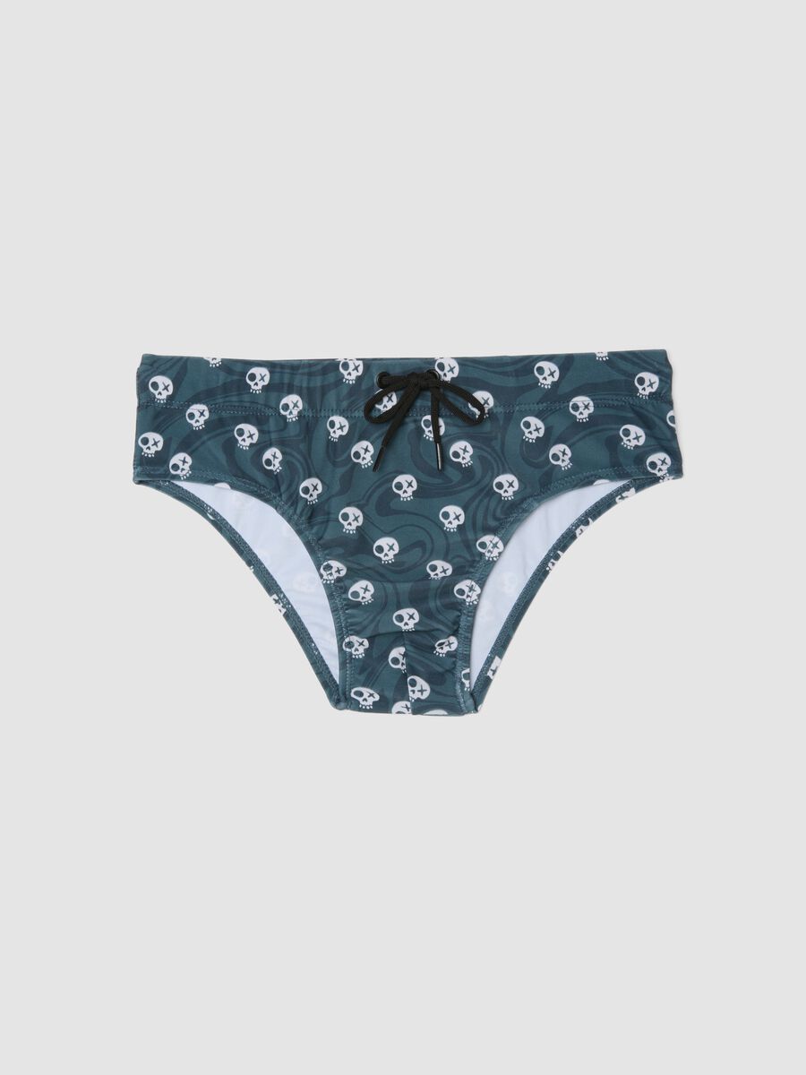 Slip mare blu in tessuto elasticizzato con stampa teschi_0