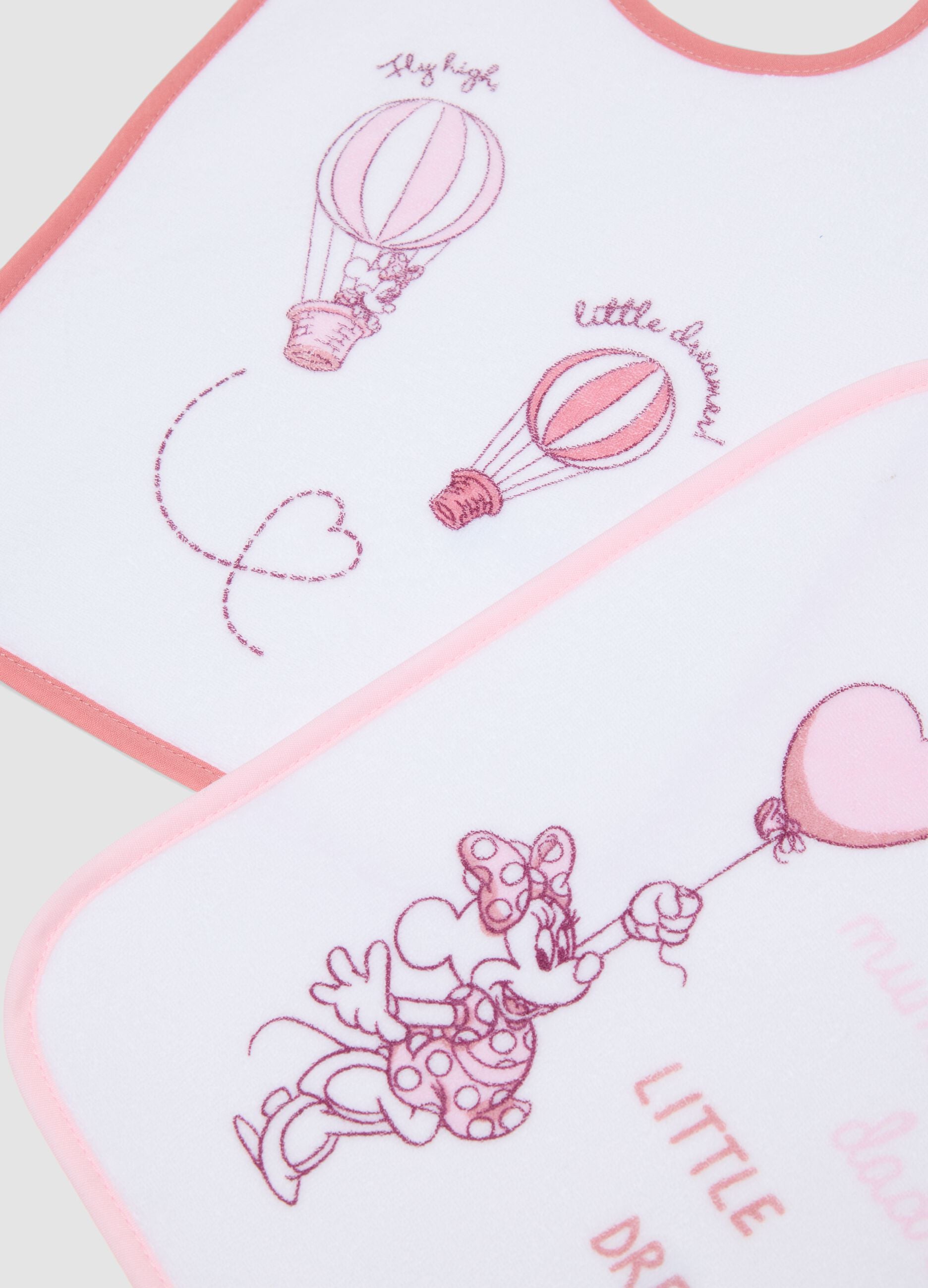 3-pack of pink and white organic cotton bibs with Minnie graphics for baby girl