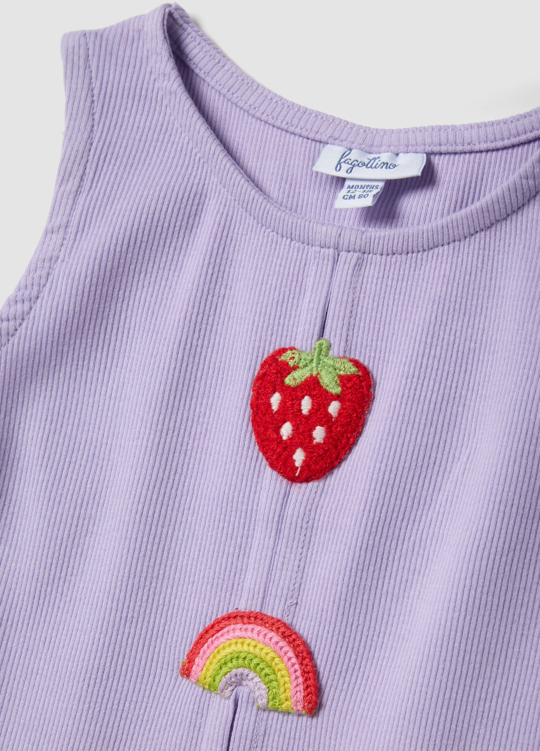 Regular fit purple stretch cotton tank top for girls with embroidery