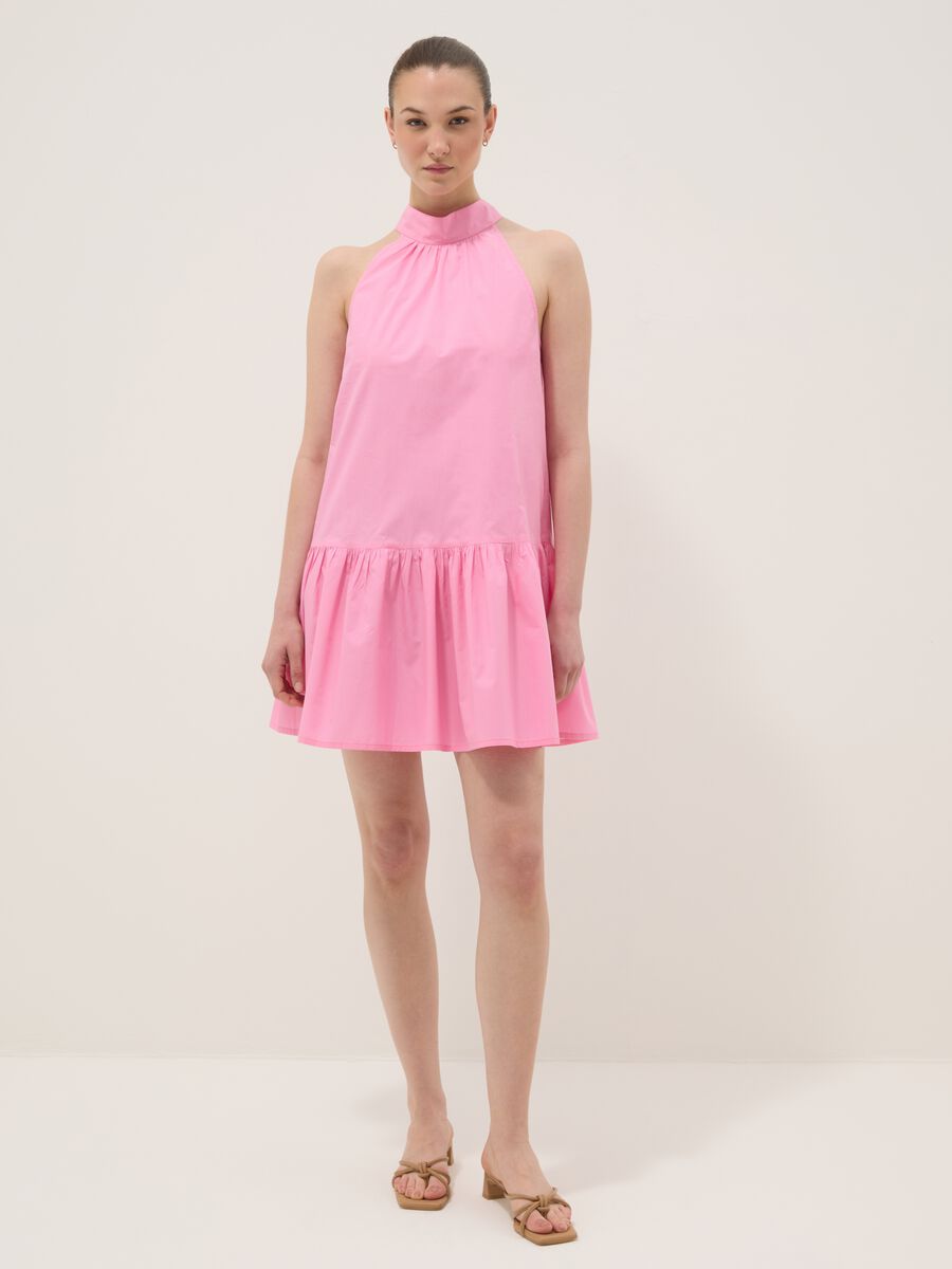 Pink pure cotton mini dress with high neck_1