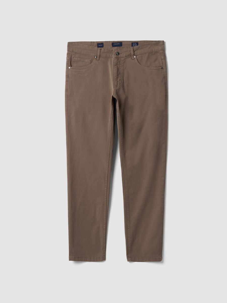 Pantaloni marroni in twill di cotone elasticizzato slim fit_0