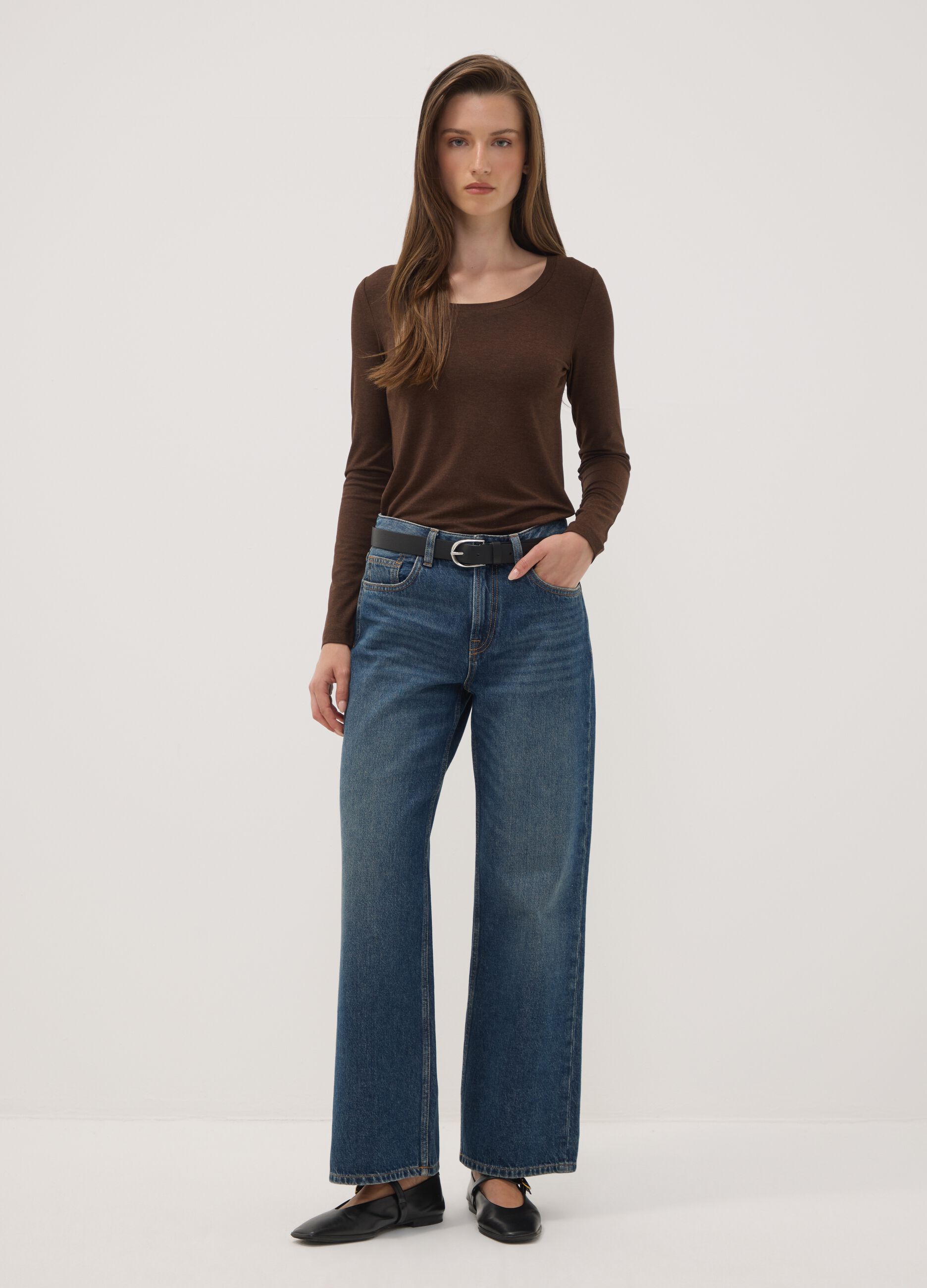 Brown stretch-viscose crew-neck slim-fit T-shirt