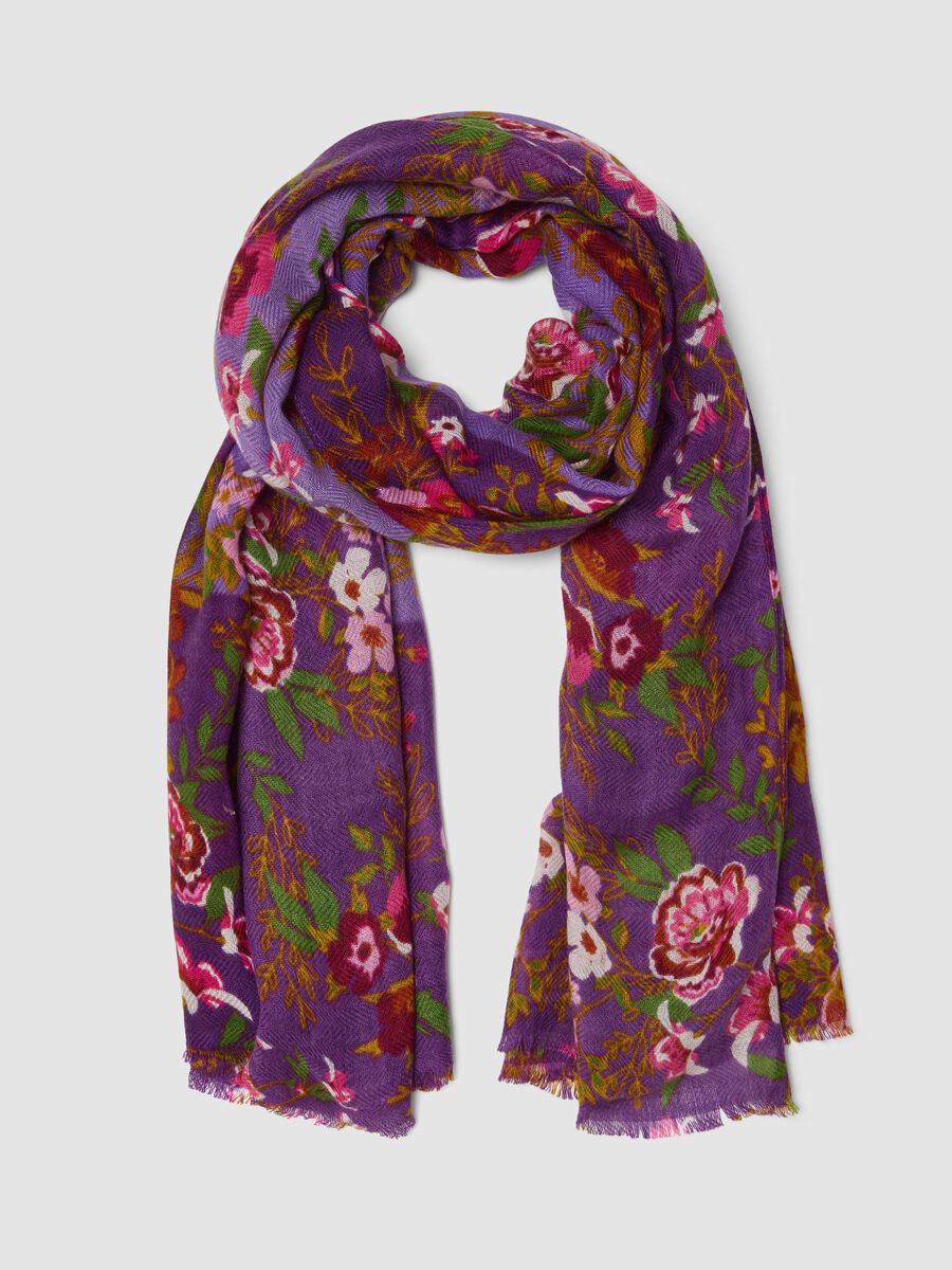 Purple floral-pattern wool-blend scarf_0