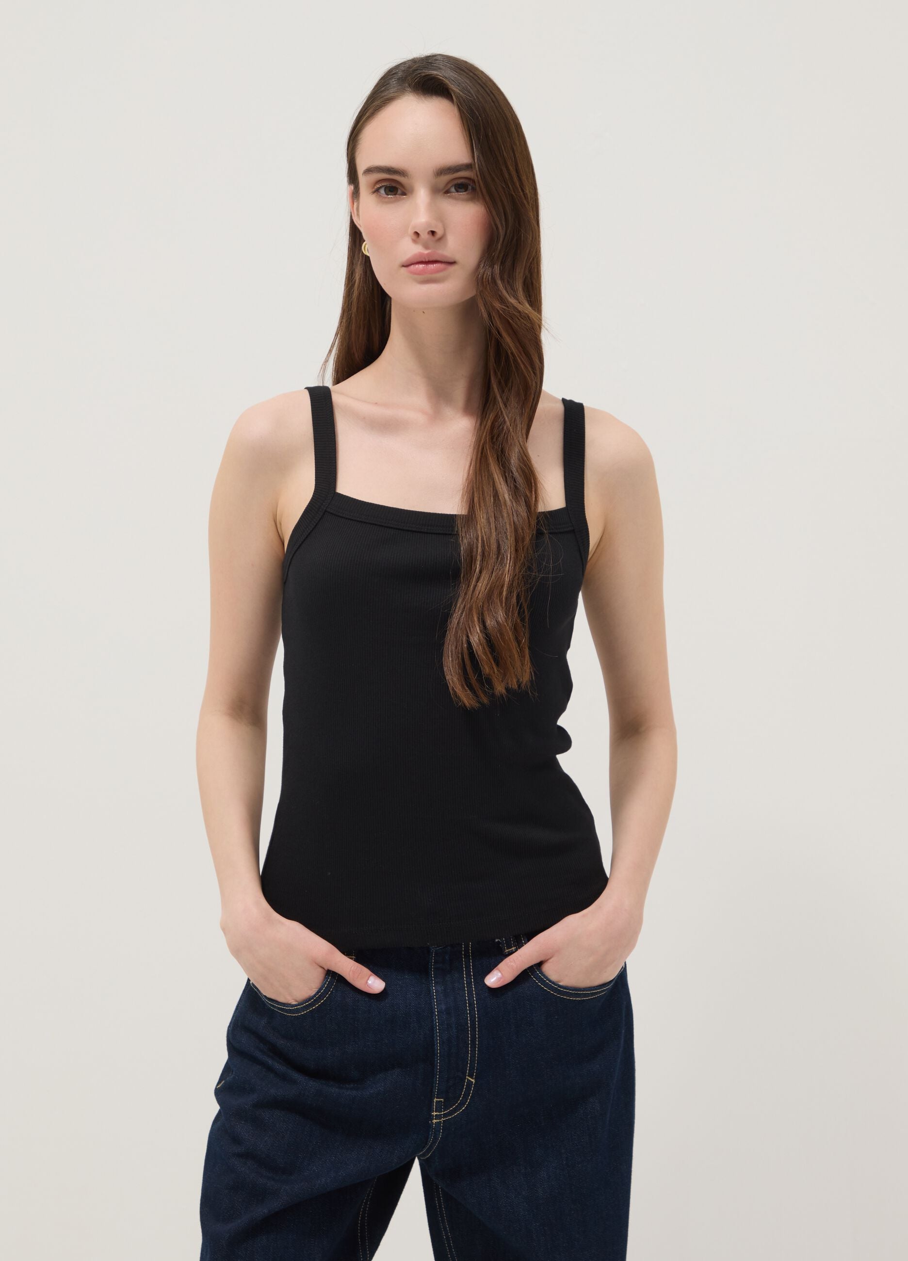 Black ribbed pure cotton tank top